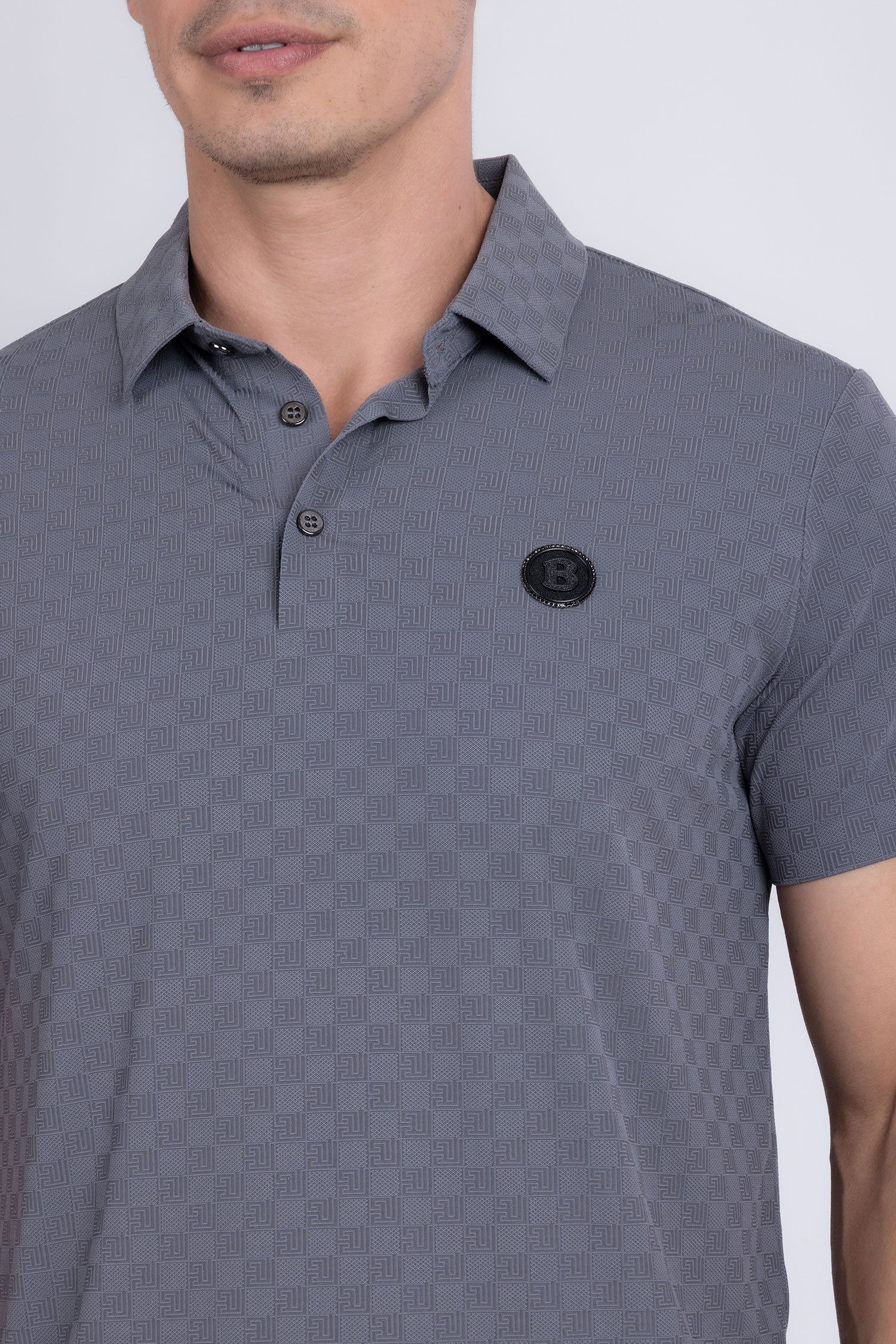 Barabas Men's Solid Greek Key Short Sleeve Stretch Polo Shirts 5P21 Grey