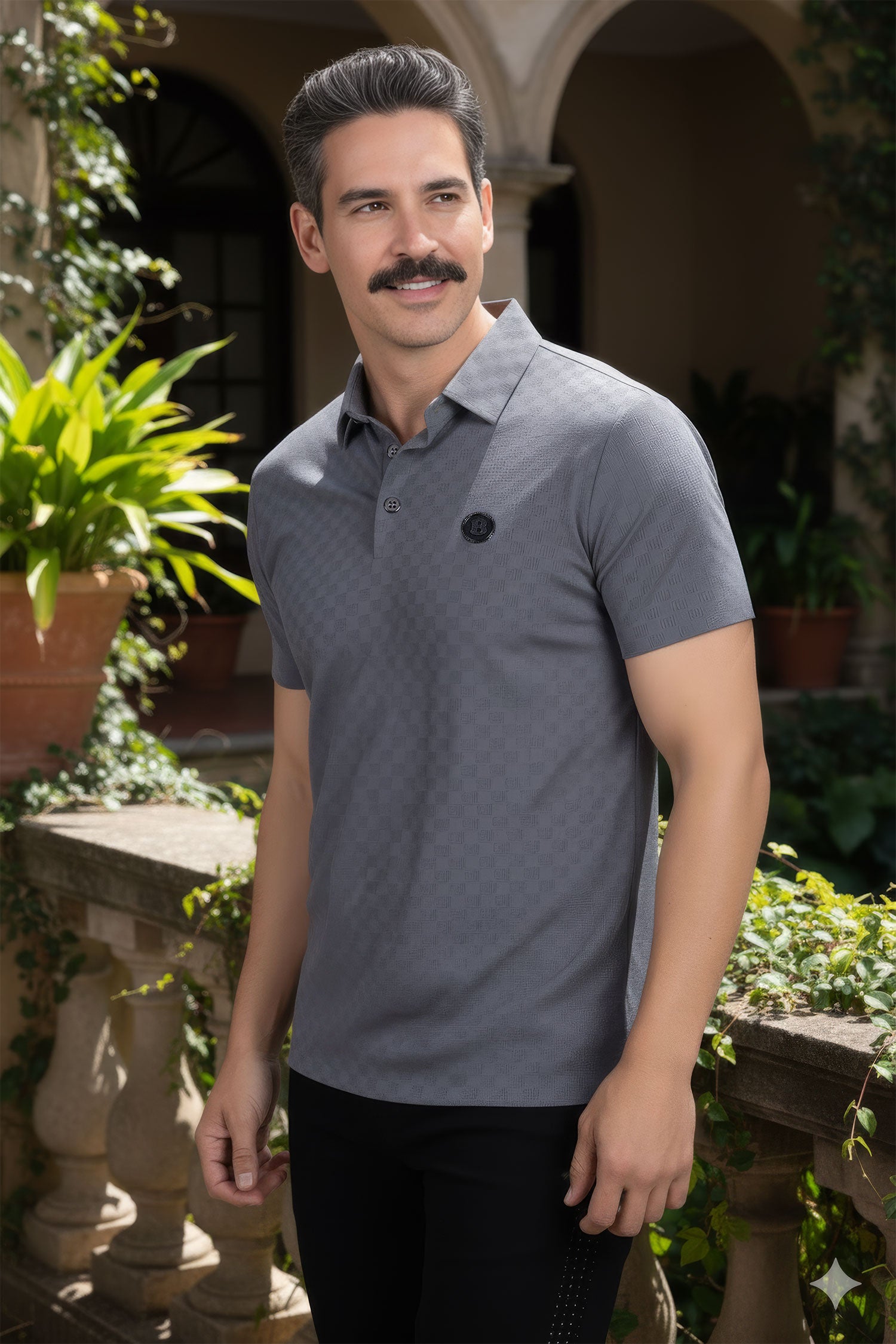 Barabas Men's Solid Greek Key Short Sleeve Stretch Polo Shirts 5P21 Grey