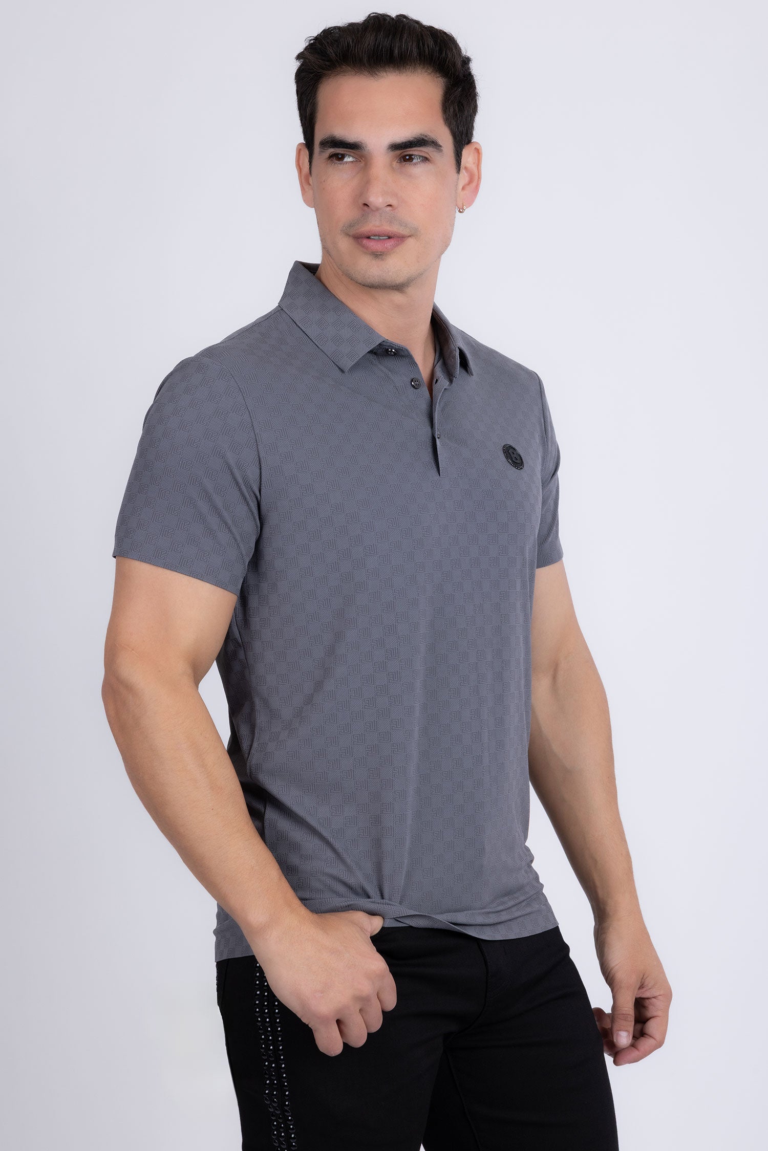 Barabas Men's Solid Greek Key Short Sleeve Stretch Polo Shirts 5P21 Grey