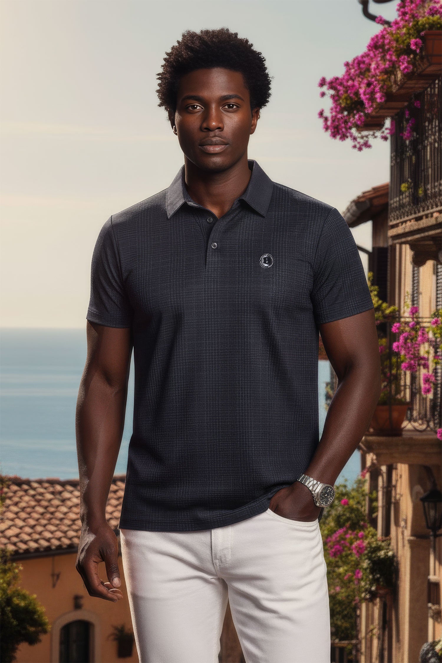 Barabas Men's Geometric Premium Stretch Patterned Polo Shirts 5P22 Charcoal