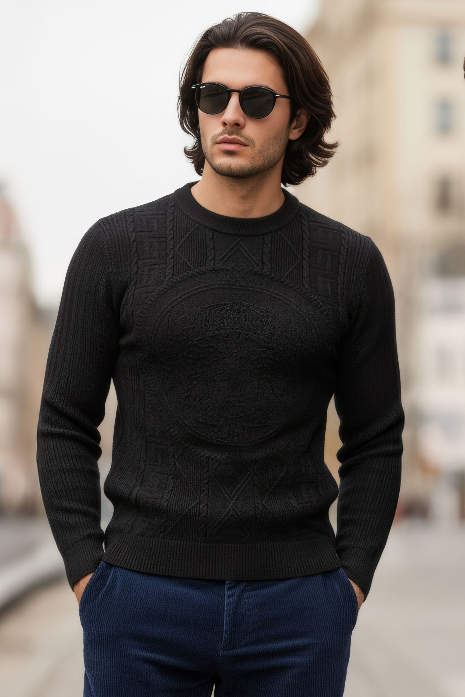 Barabas Men's Embroidered Medusa Stretch Sweater 5PLS01 Black