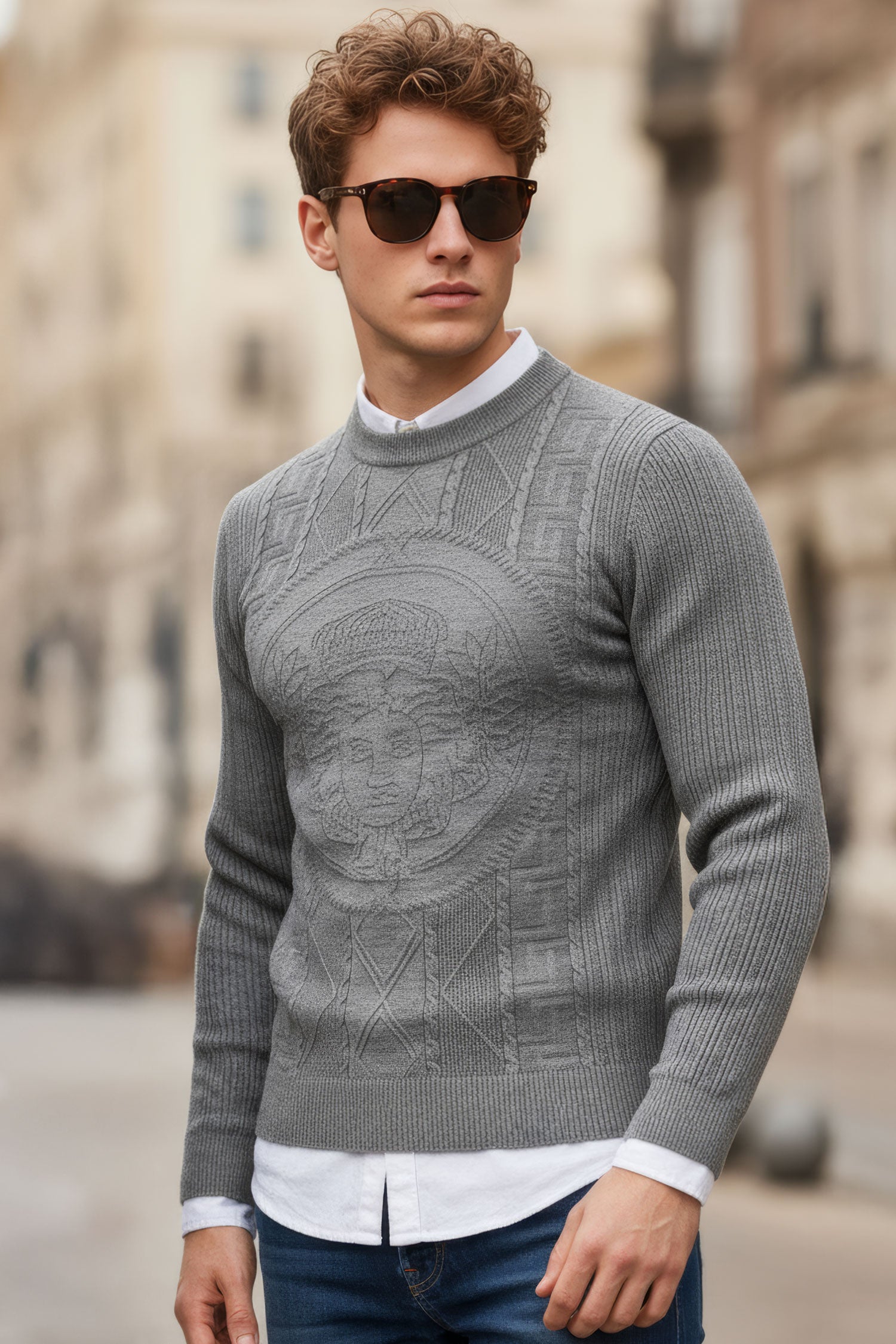 Barabas Men's Embroidered Medusa Stretch Sweater 5PLS01 Charcoal