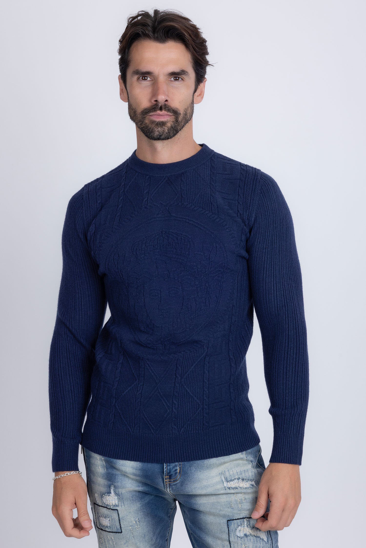 Barabas Men's Embroidered Medusa Stretch Sweater 5PLS01 Navy