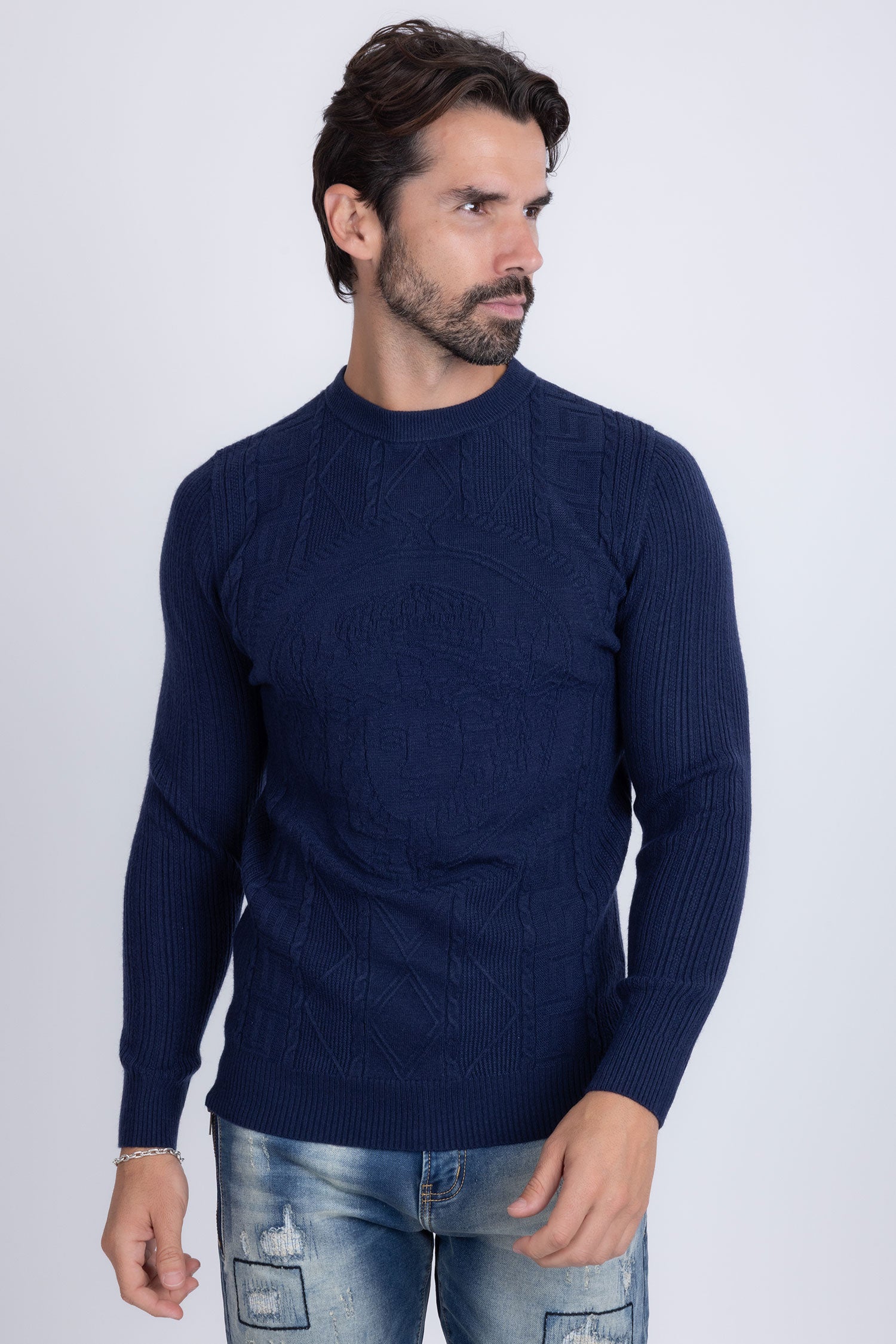 Barabas Men's Embroidered Medusa Stretch Sweater 5PLS01 Navy