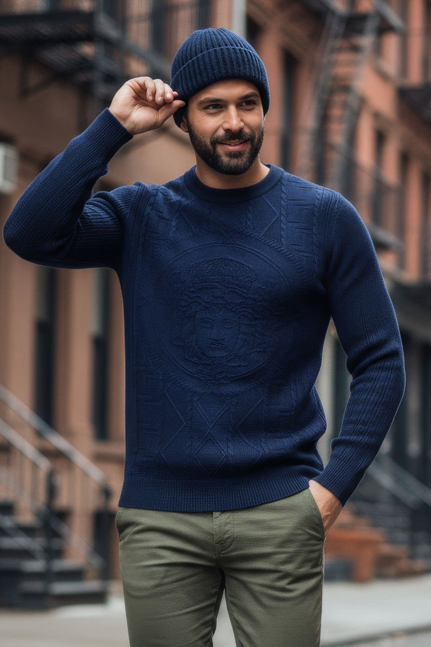 Barabas Men's Embroidered Medusa Stretch Sweater 5PLS01 Navy