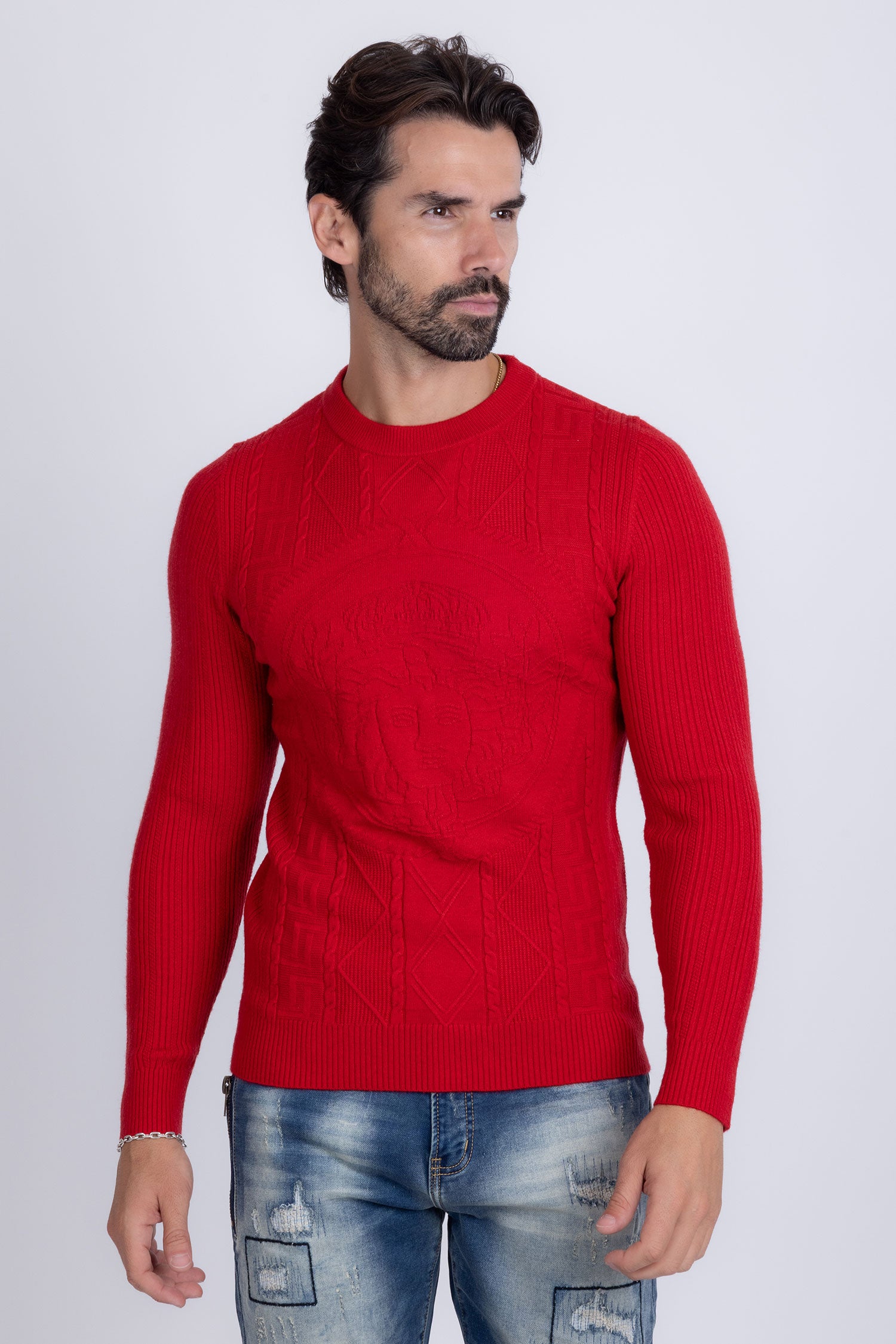 Barabas Men's Embroidered Medusa Stretch Sweater 5PLS01 Red