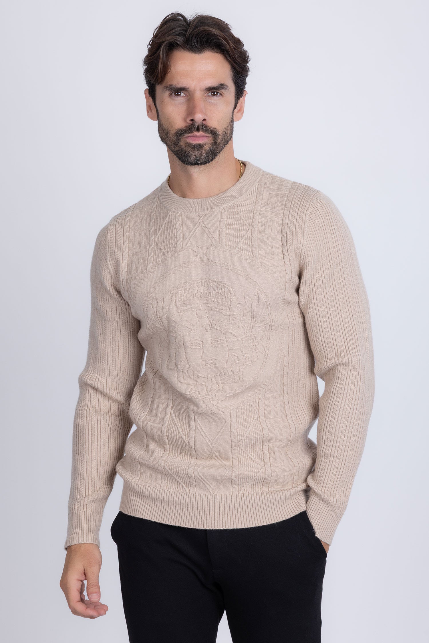 Barabas Men's Embroidered Medusa Stretch Sweater 5PLS01 Stone