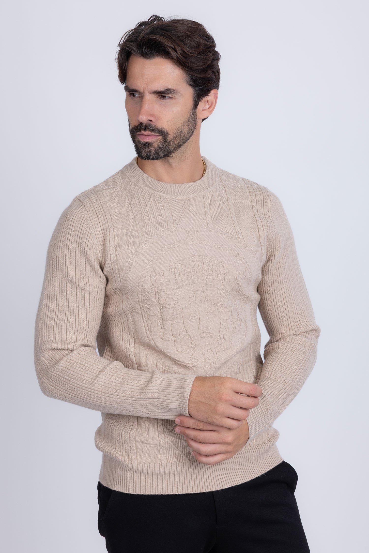Barabas Men's Embroidered Medusa Stretch Sweater 5PLS01 Stone