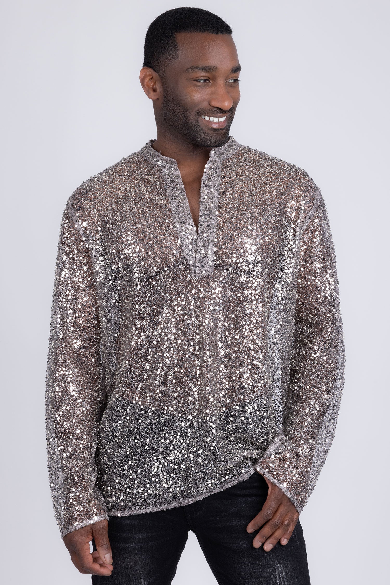 Barabas Men's See Through Sequins V-Neck Long Sleeve Shirts 5PST01 Beige