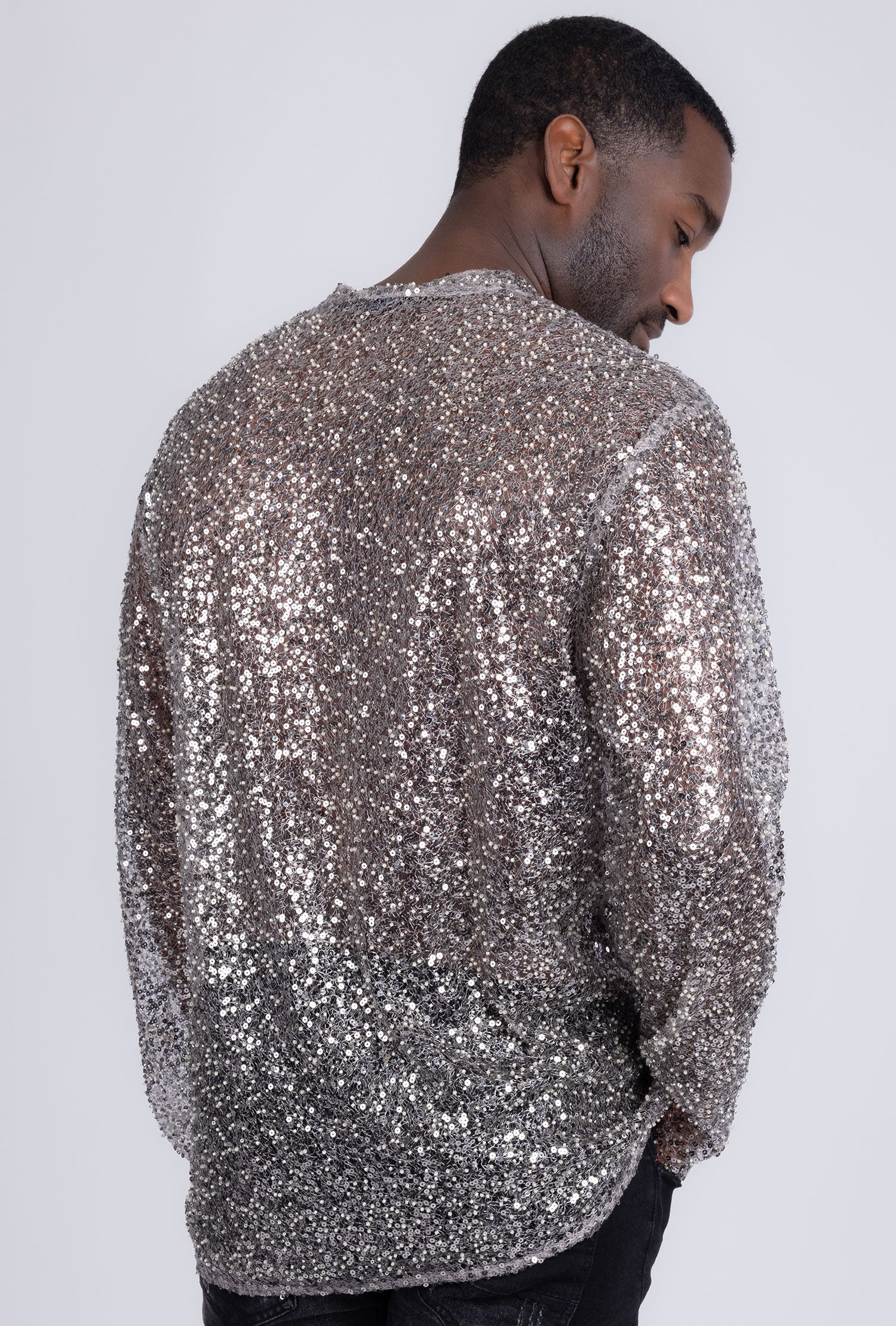 Barabas Men's See Through Sequins V-Neck Long Sleeve Shirts 5PST01 Beige