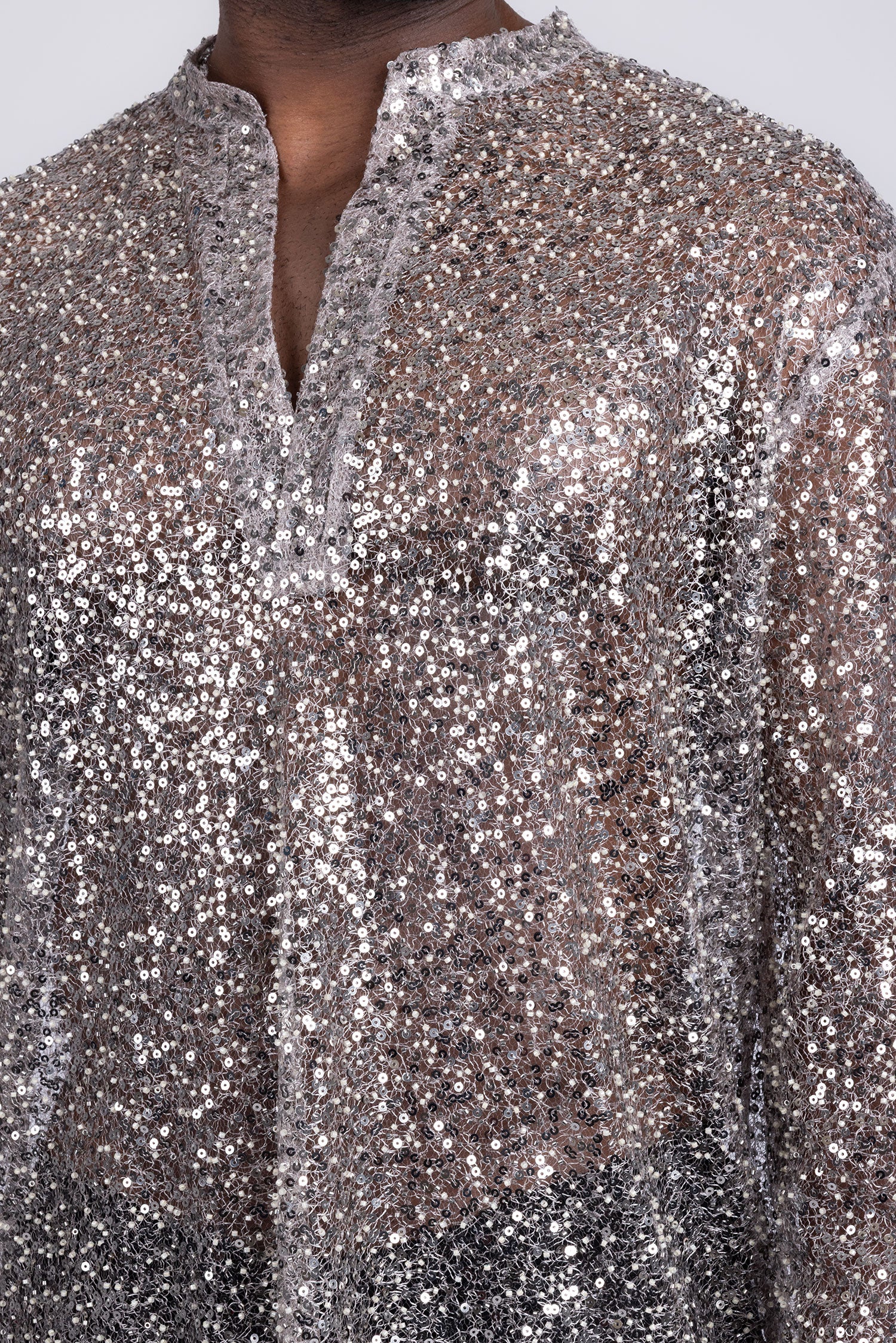 Barabas Men's See Through Sequins V-Neck Long Sleeve Shirts 5PST01 Beige