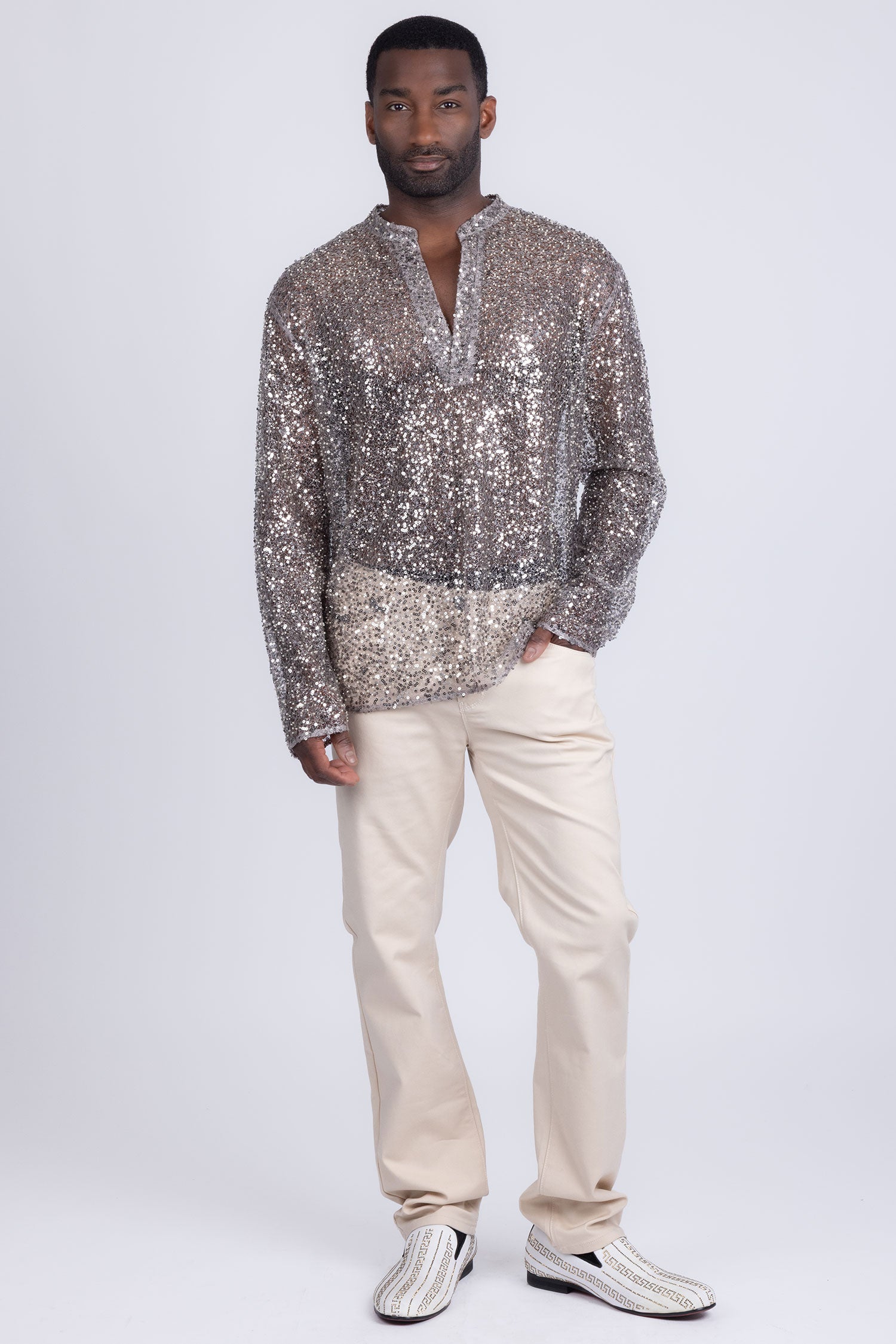 Barabas Men's See Through Sequins V-Neck Long Sleeve Shirts 5PST01 Beige