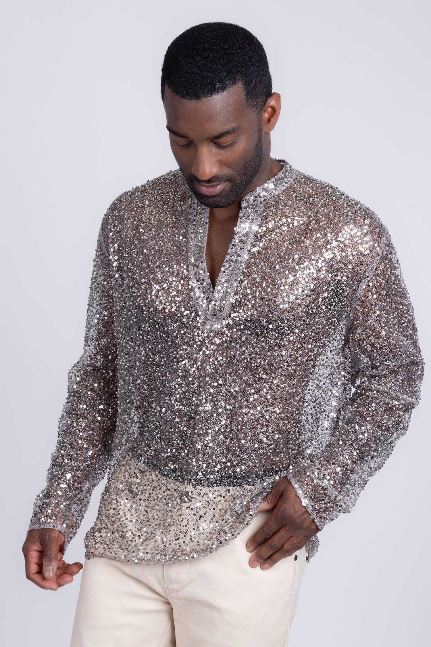Barabas Men's See Through Sequins V-Neck Long Sleeve Shirts 5PST01 Beige