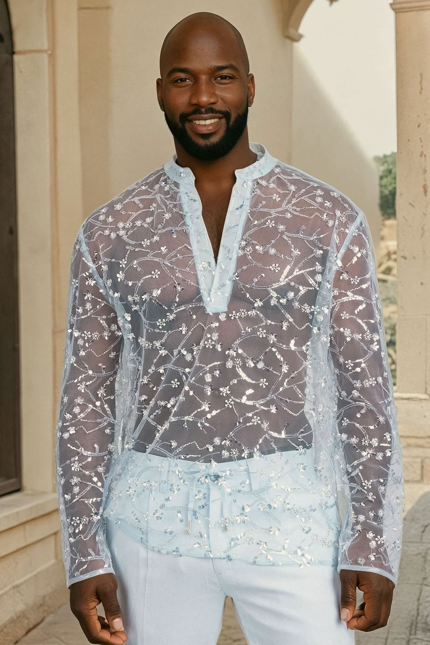 Barabas Men's Sheer See Through Sequins Long Sleeve Shirts 5PST02 Blue