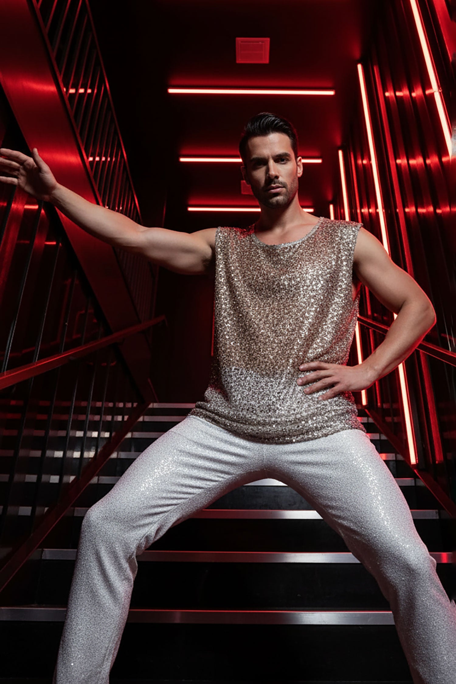 Barabas Men's Semi-Sheer See Through Sequins Sleeveless Shirts 5PST03 Beige