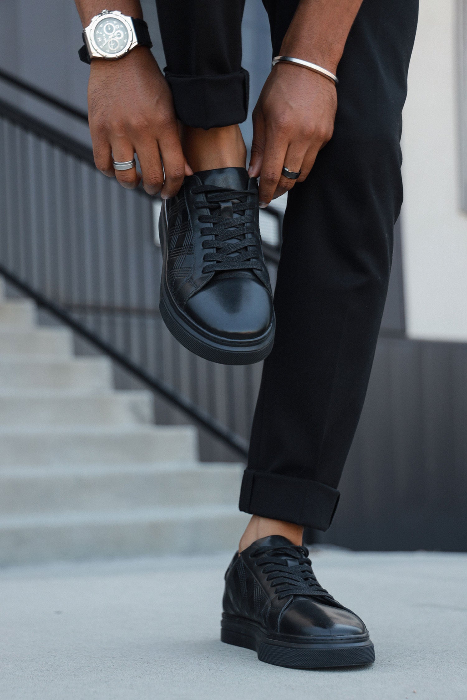Barabas Men's Checkered Lace-up Leather Sneakers 5SH09 Black