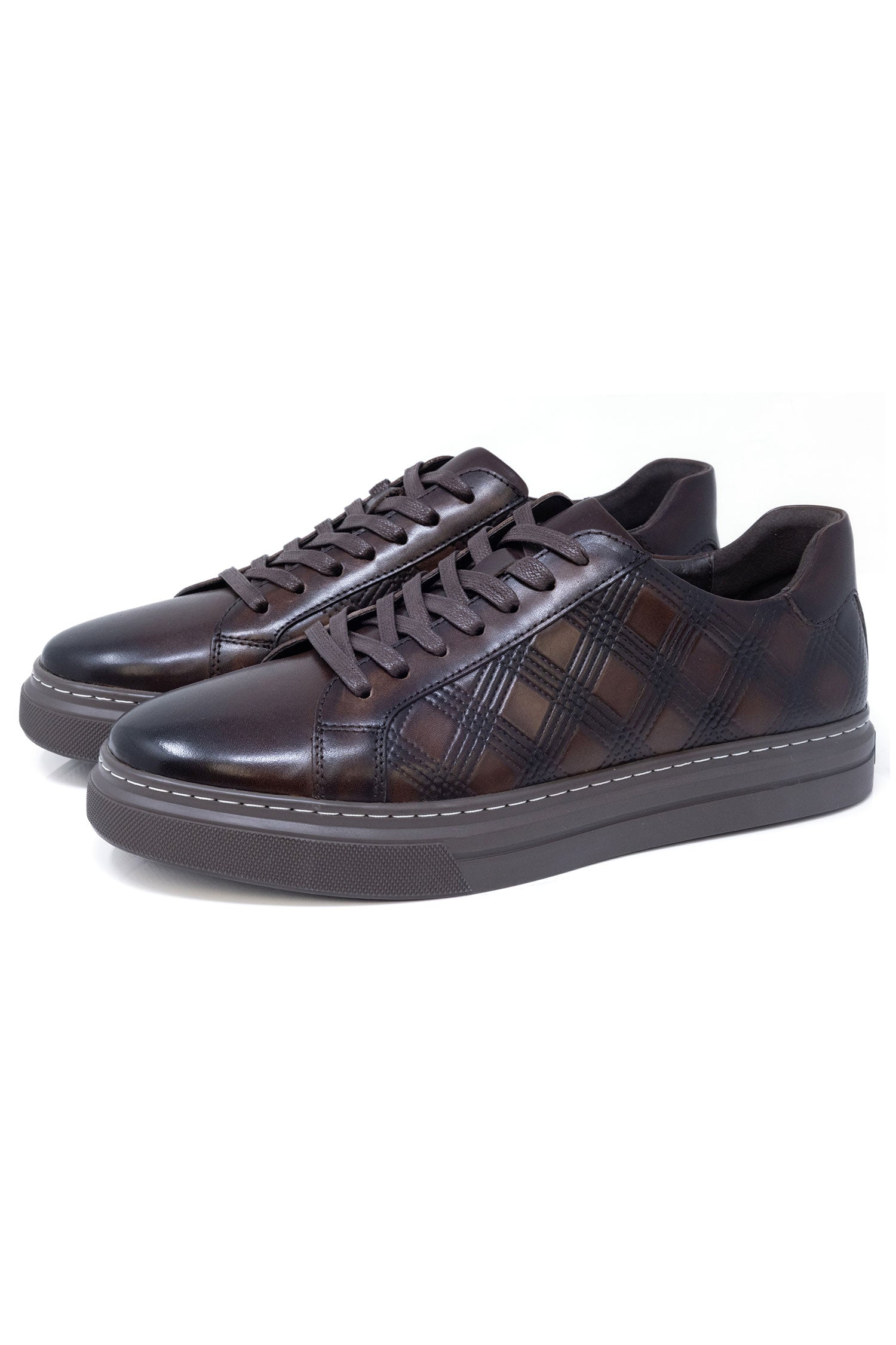 Barabas Men's Checkered Lace-up Leather Sneakers 5SH09 Brown