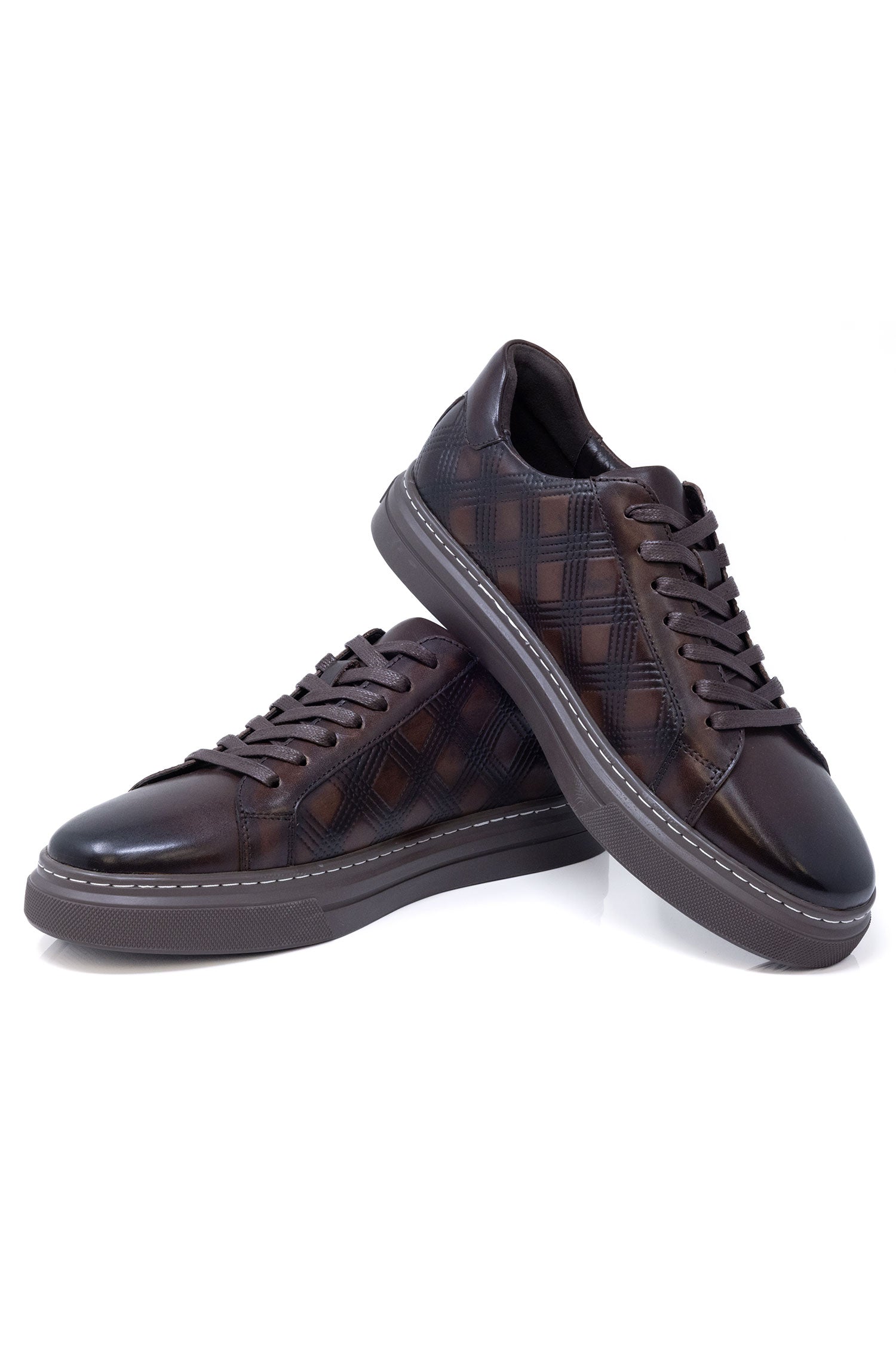 Barabas Men's Checkered Lace-up Leather Sneakers 5SH09 Brown