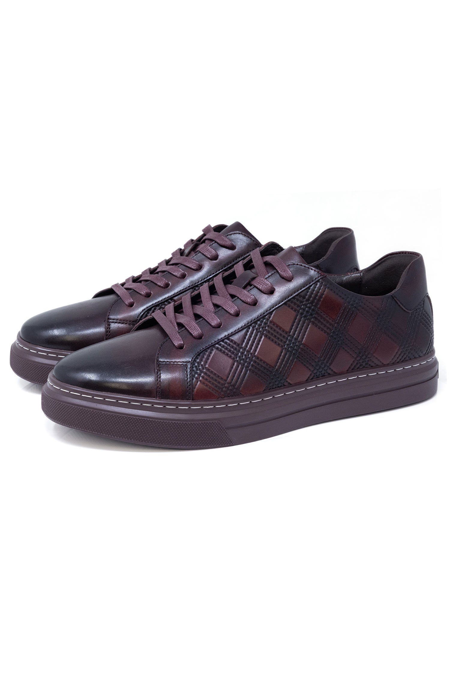 Barabas Men's Checkered Lace-up Leather Sneakers 5SH09 Burgundy