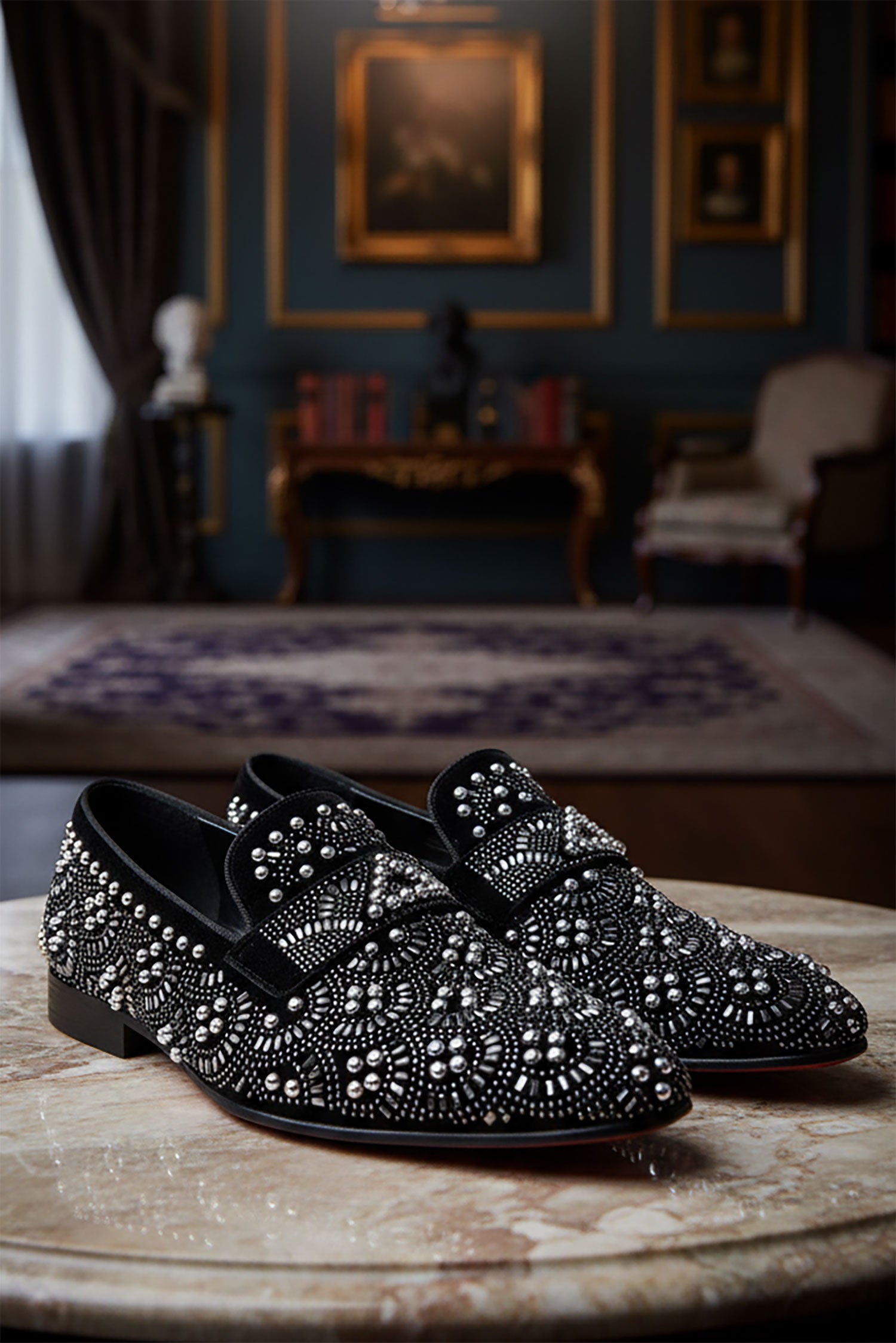 Barabas Men's Geometric Shiny Rhinestone Design Leather Shoes 5SH12 Black Silver