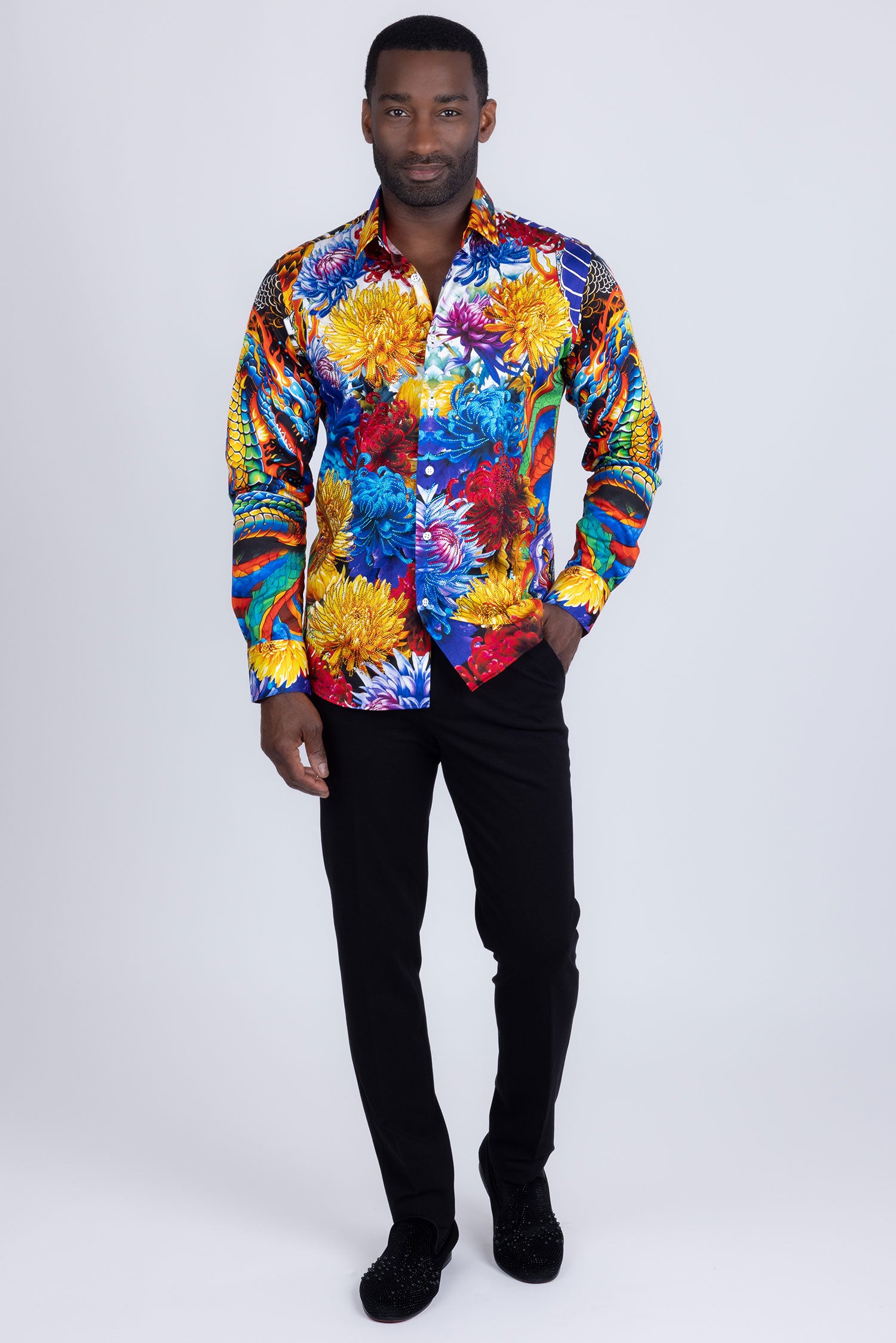 Barabas Men's Rhinestones Floral Snake Long Sleeve Shirts 5SPR03 Purple