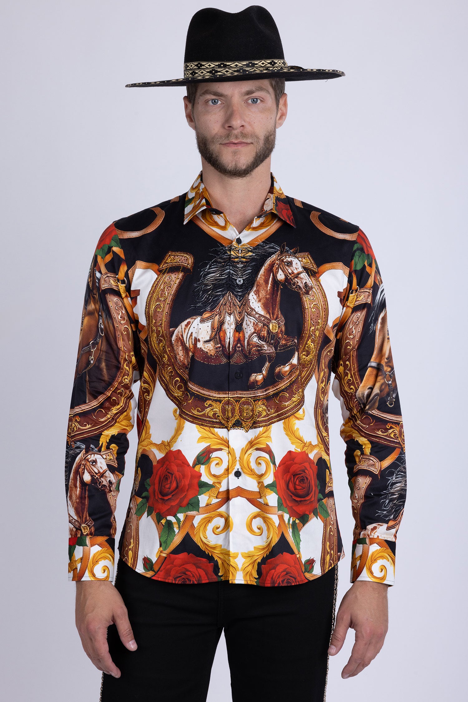 Barabas Men's Stallion Rhinestones Stretch Long Sleeve Shirts 5SPR05 Multicolor