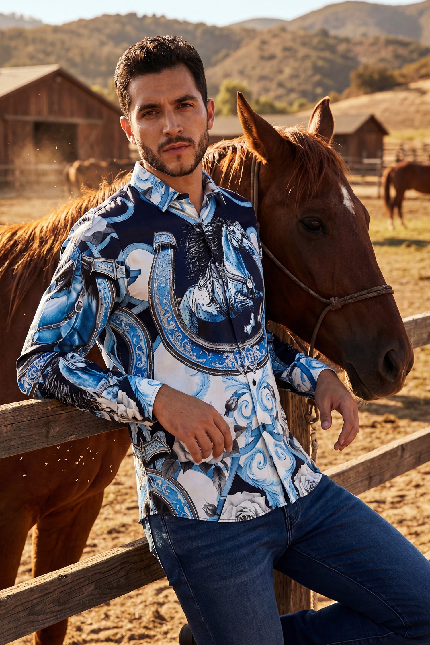 Barabas Men's Stallion Rhinestones Stretch Long Sleeve Shirts 5SPR05 Sky