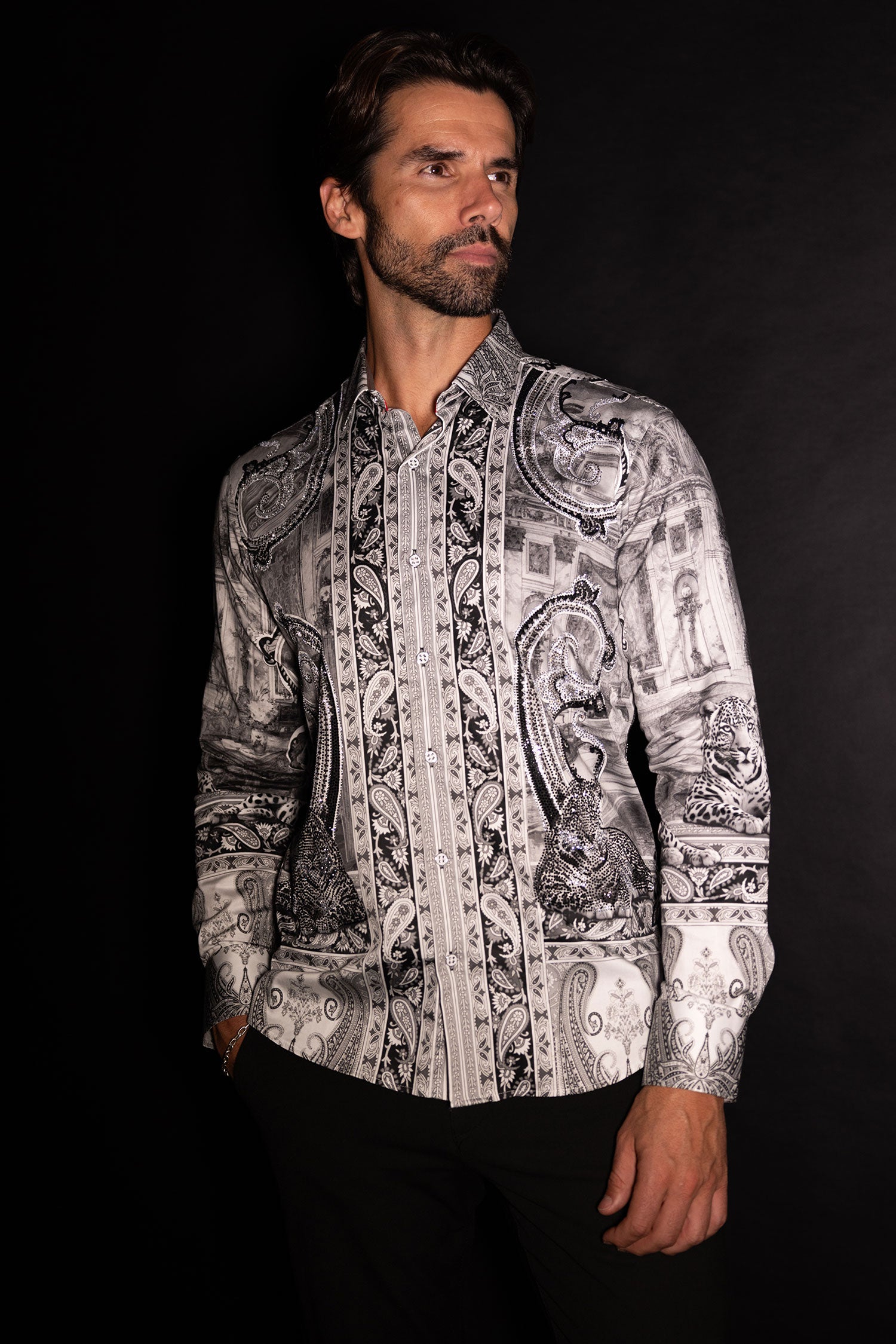 Barabas Men's Rhinestones Paisley Animal Long Sleeve Shirts 5SPR07 White