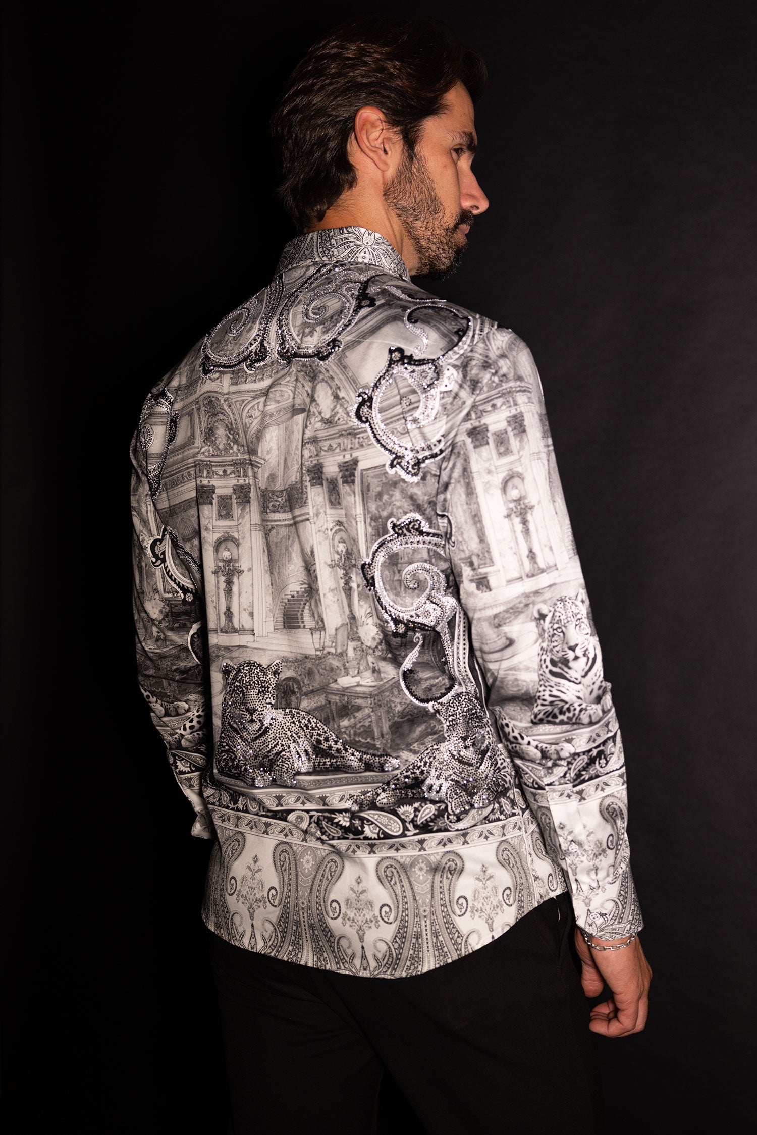 Barabas Men's Rhinestones Paisley Animal Long Sleeve Shirts 5SPR07 Silver