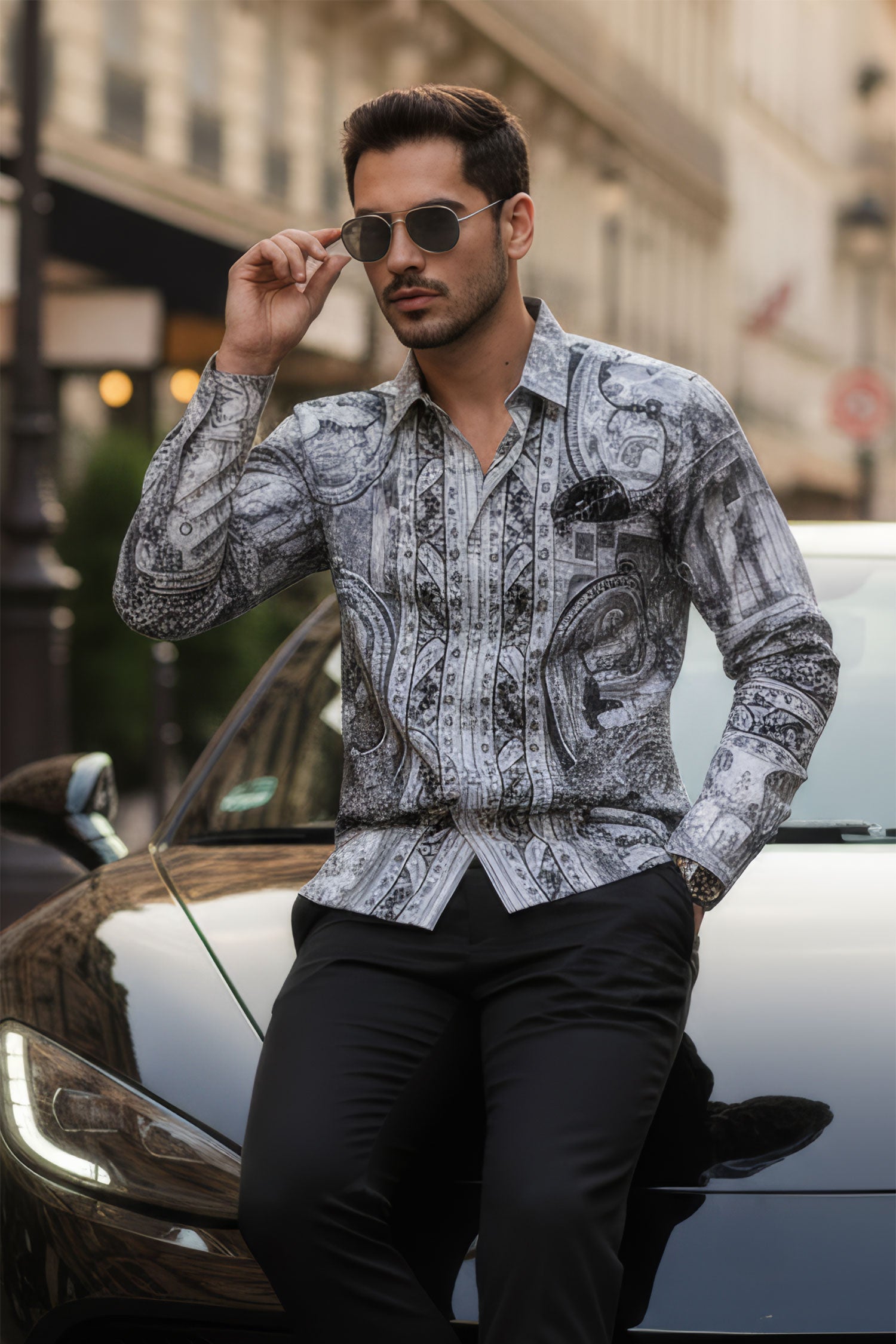 Barabas Men's Rhinestones Paisley Animal Long Sleeve Shirts 5SPR07 Silver