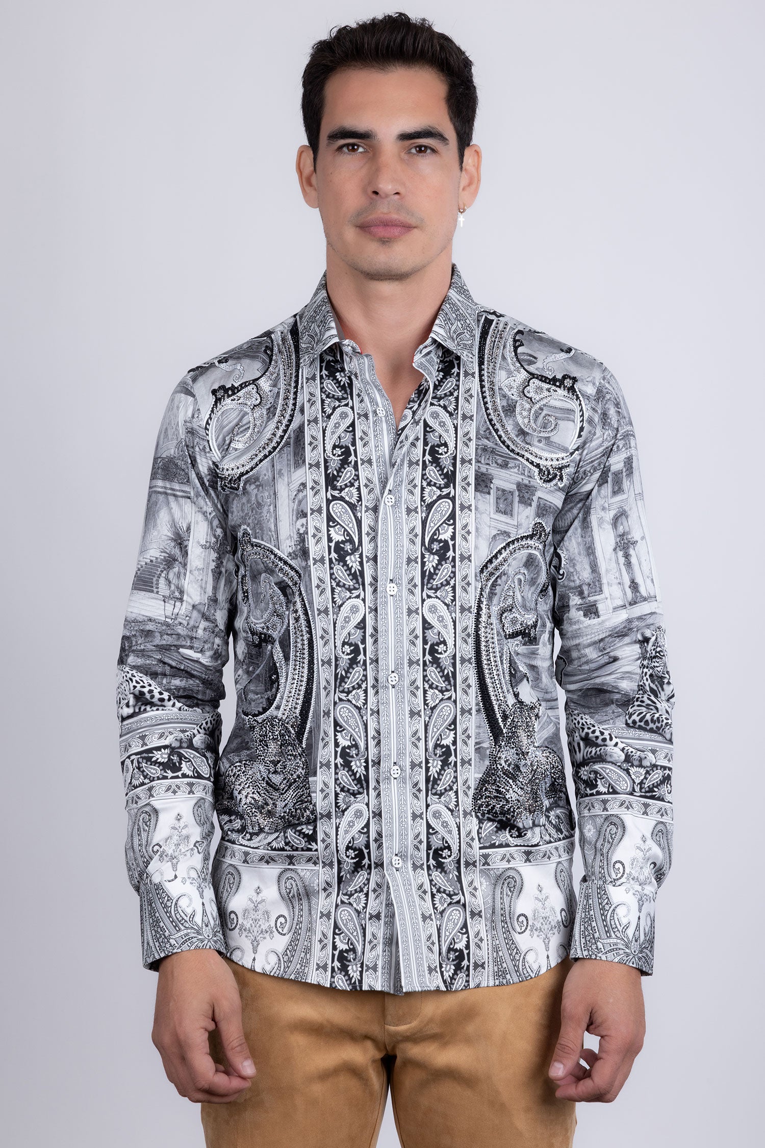 Barabas Men's Rhinestones Paisley Animal Long Sleeve Shirts 5SPR07 White