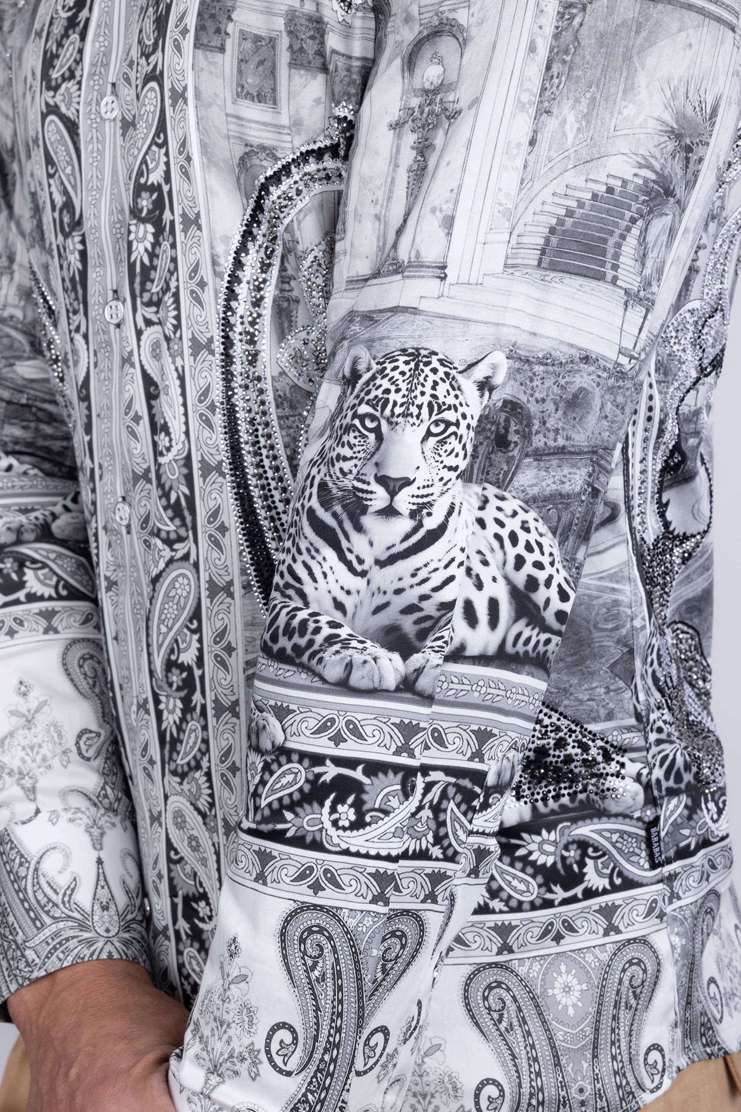 Barabas Men's Rhinestones Paisley Animal Long Sleeve Shirts 5SPR07 White