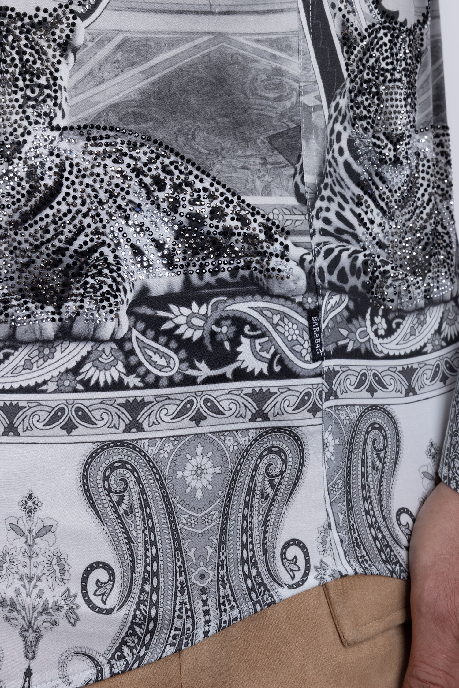 Barabas Men's Rhinestones Paisley Animal Long Sleeve Shirts 5SPR07 White