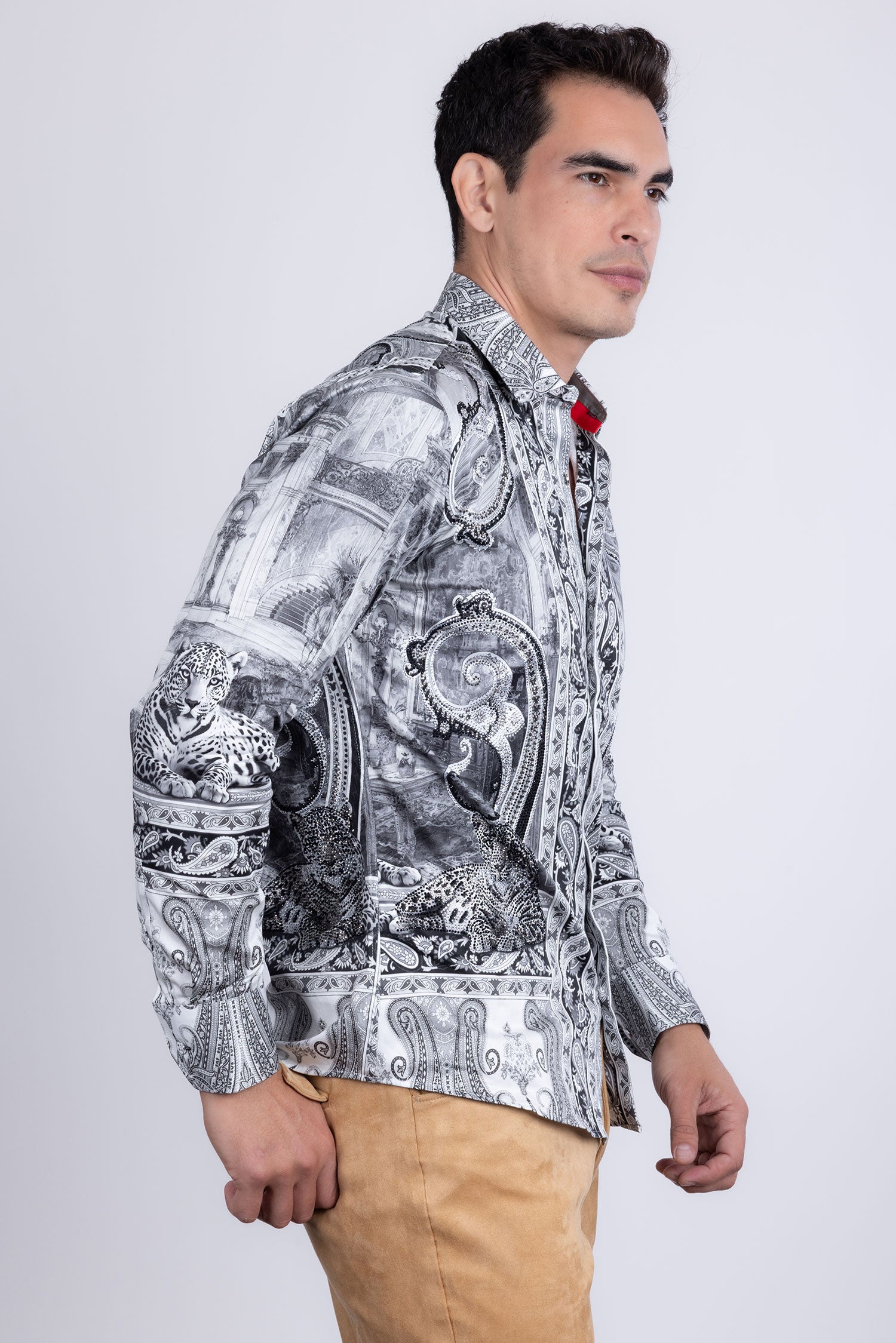 Barabas Men's Rhinestones Paisley Animal Long Sleeve Shirts 5SPR07 Silver