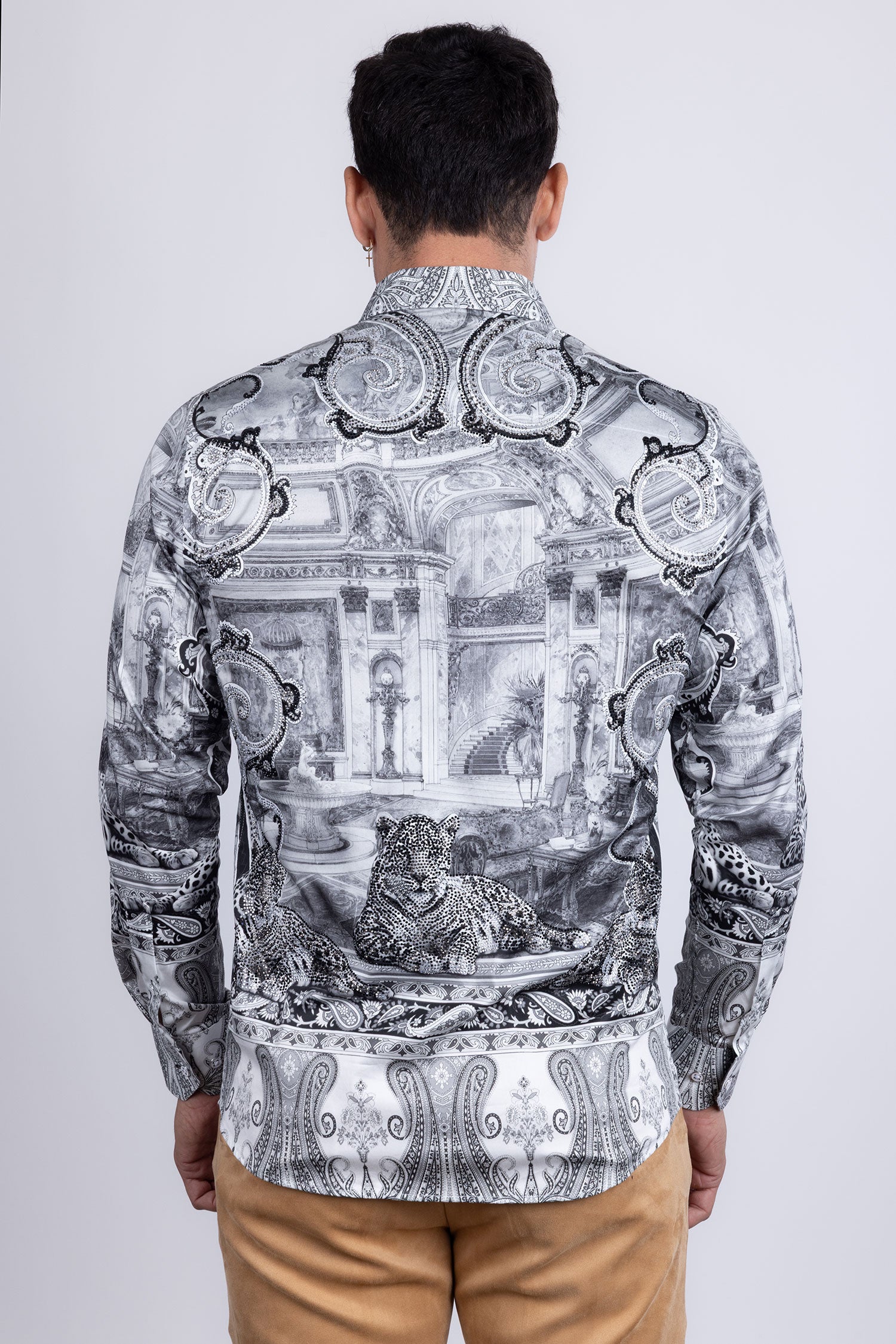 Barabas Men's Rhinestones Paisley Animal Long Sleeve Shirts 5SPR07 White