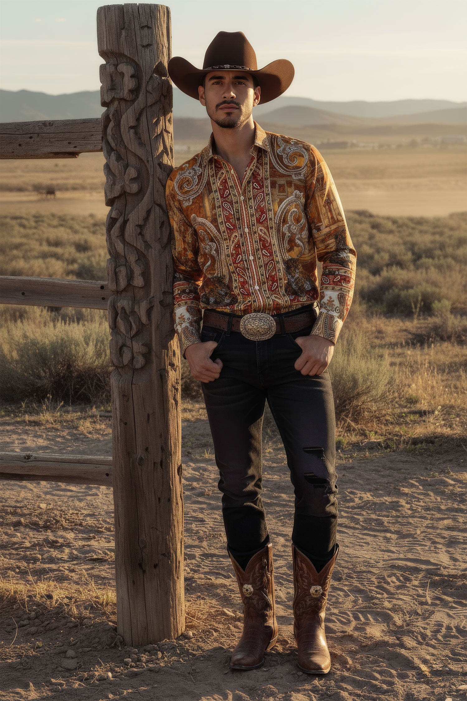 Barabas Men's Rhinestones Paisley Animal Long Sleeve Shirts 5SPR07 Taupe
