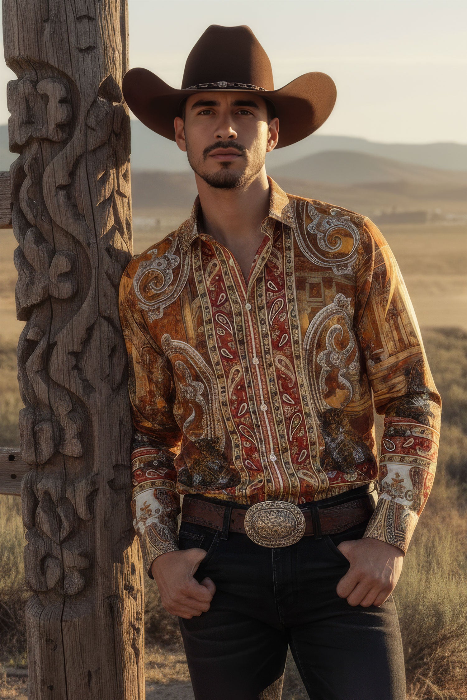 Barabas Men's Rhinestones Paisley Animal Long Sleeve Shirts 5SPR07 Taupe