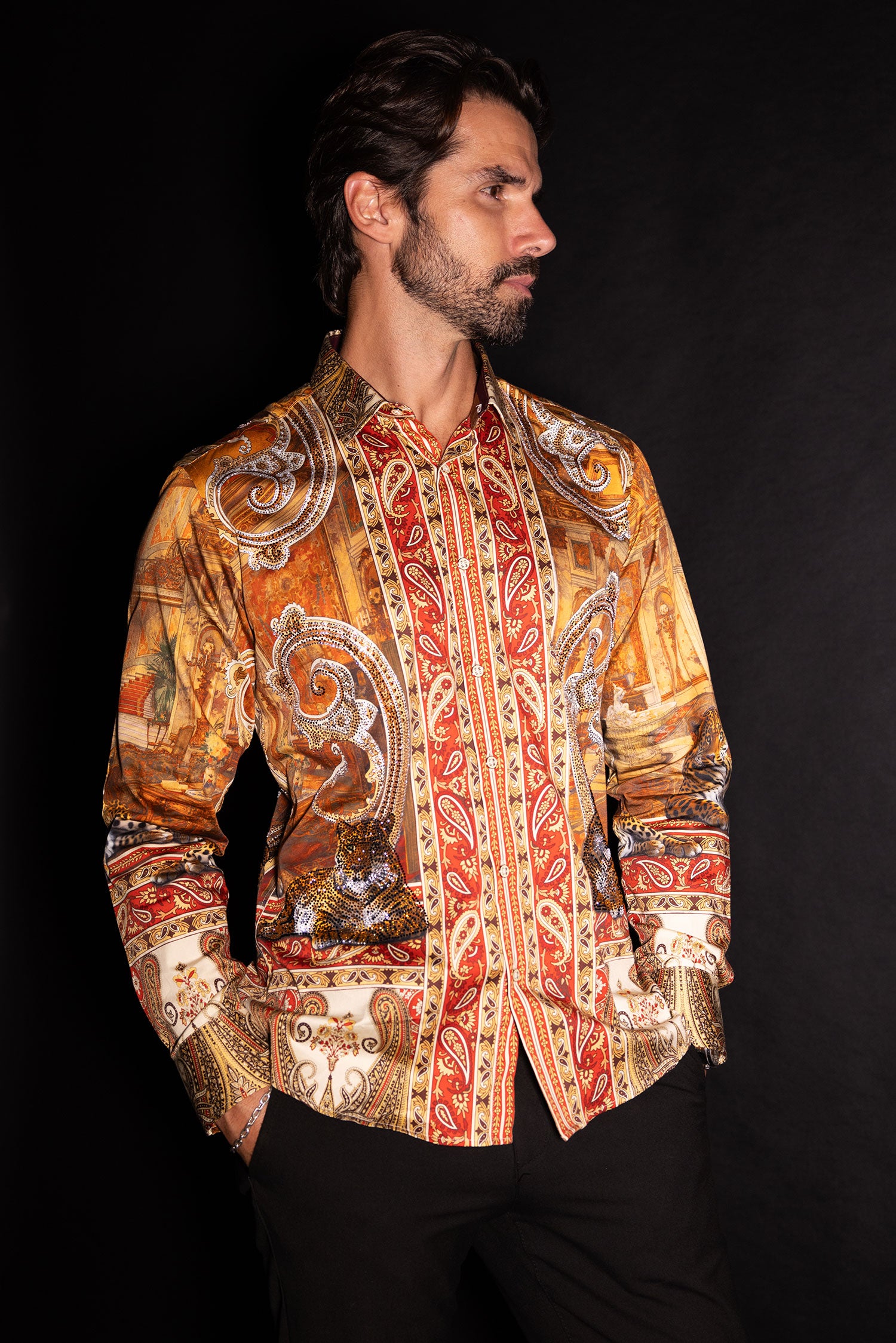 Barabas Men's Rhinestones Paisley Animal Long Sleeve Shirts 5SPR07 Taupe