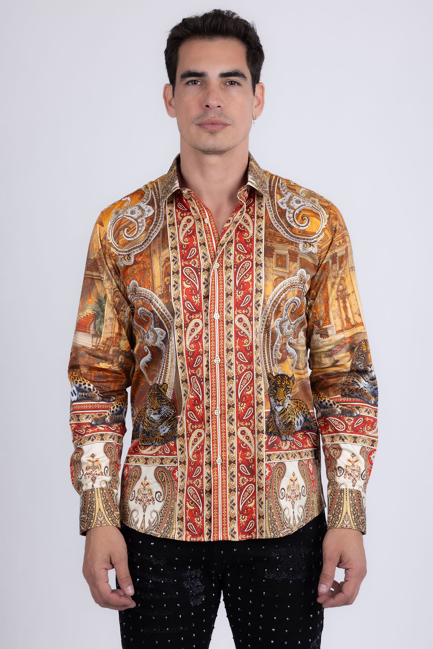 Barabas Men's Rhinestones Paisley Animal Long Sleeve Shirts 5SPR07 Taupe