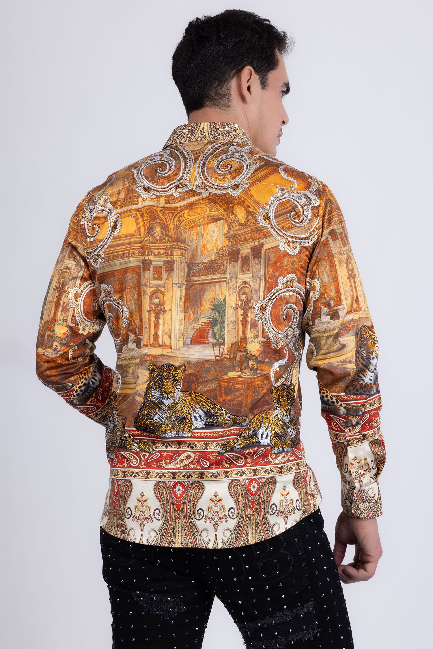 Barabas Men's Rhinestones Paisley Animal Long Sleeve Shirts 5SPR07 Taupe