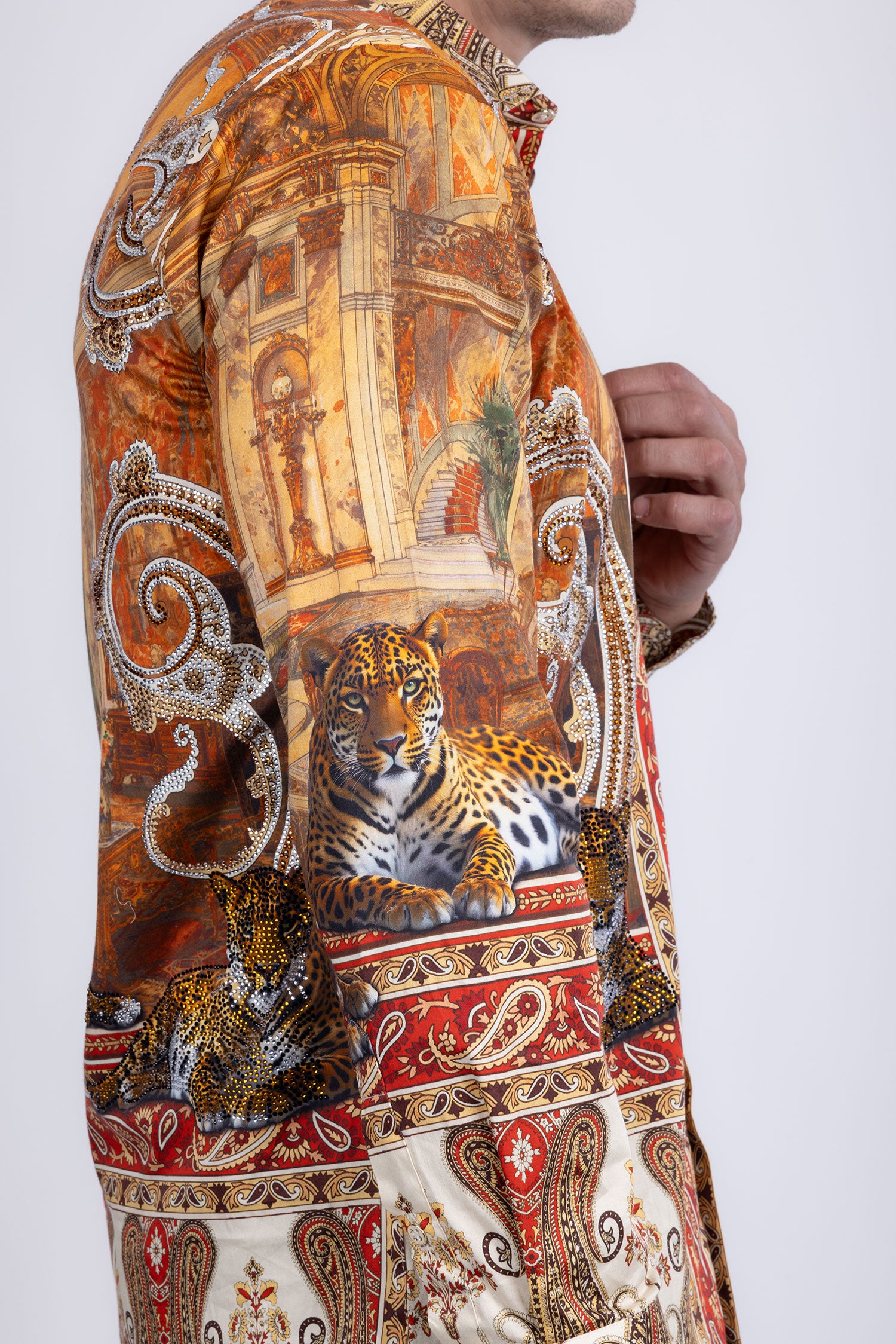 Barabas Men's Rhinestones Paisley Animal Long Sleeve Shirts 5SPR07 Taupe