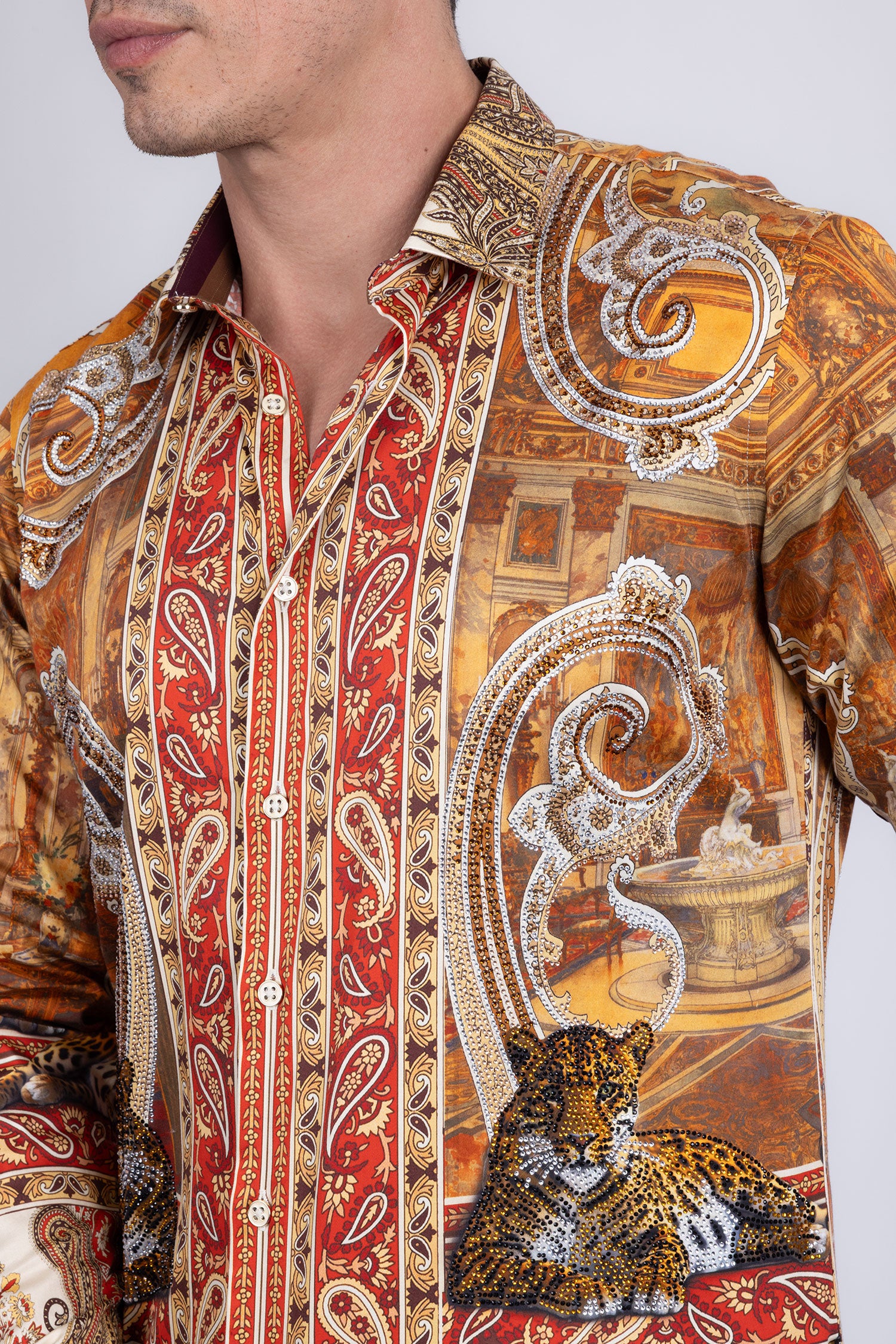 Barabas Men's Rhinestones Paisley Animal Long Sleeve Shirts 5SPR07 Taupe