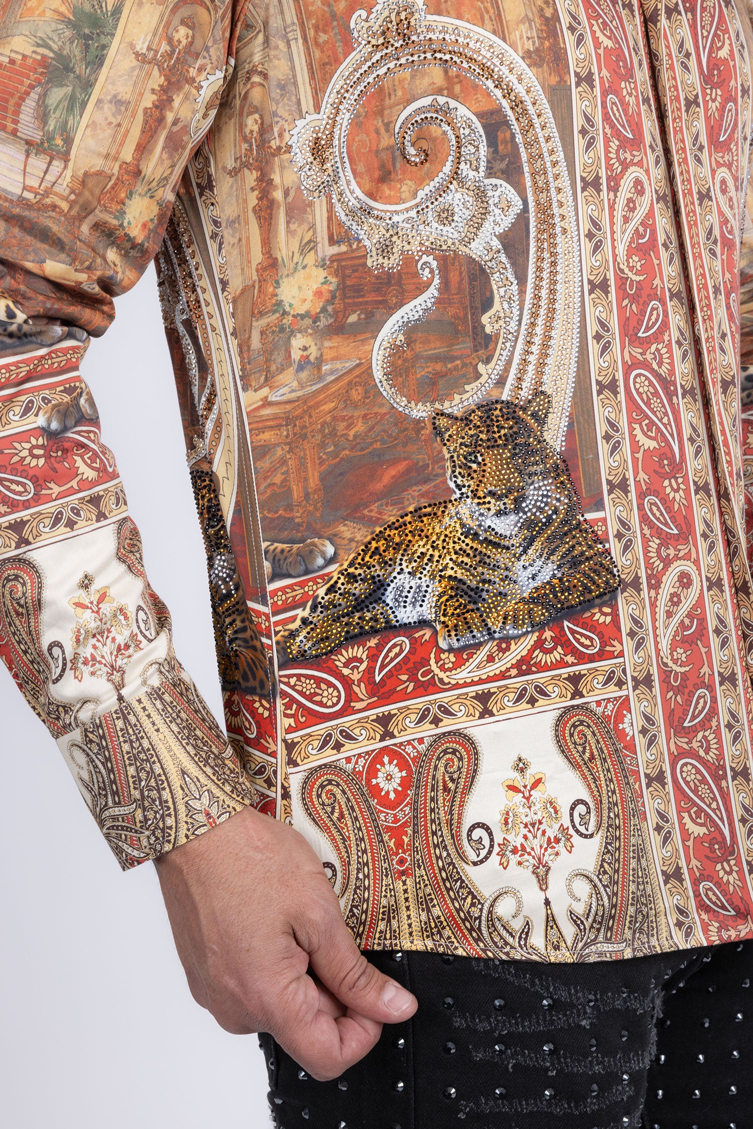 Barabas Men's Rhinestones Paisley Animal Long Sleeve Shirts 5SPR07 Taupe