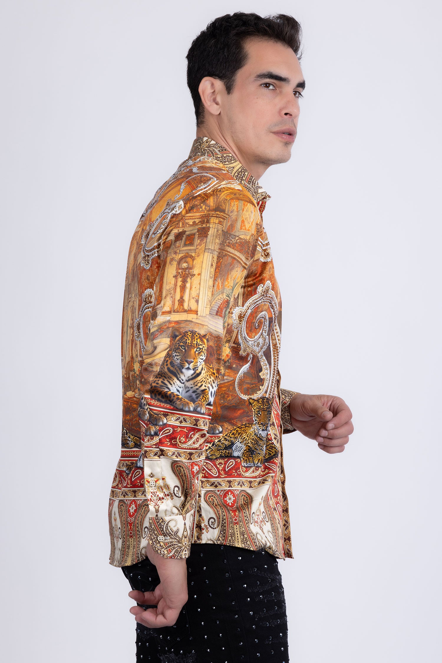 Barabas Men's Rhinestones Paisley Animal Long Sleeve Shirts 5SPR07 Taupe