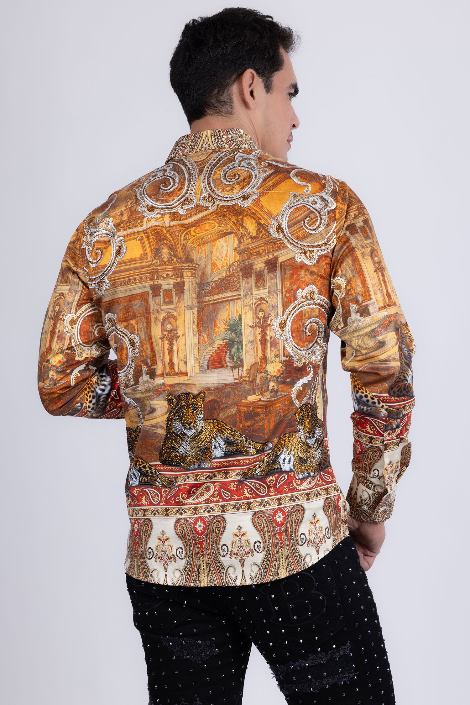 Barabas Men's Rhinestones Paisley Animal Long Sleeve Shirts 5SPR07 Taupe