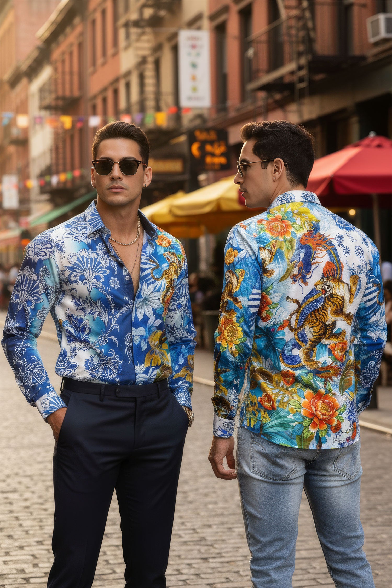 Barabas Men's Rhinestones Floral Dragon Tiger Long Sleeve Shirt 5SPR08