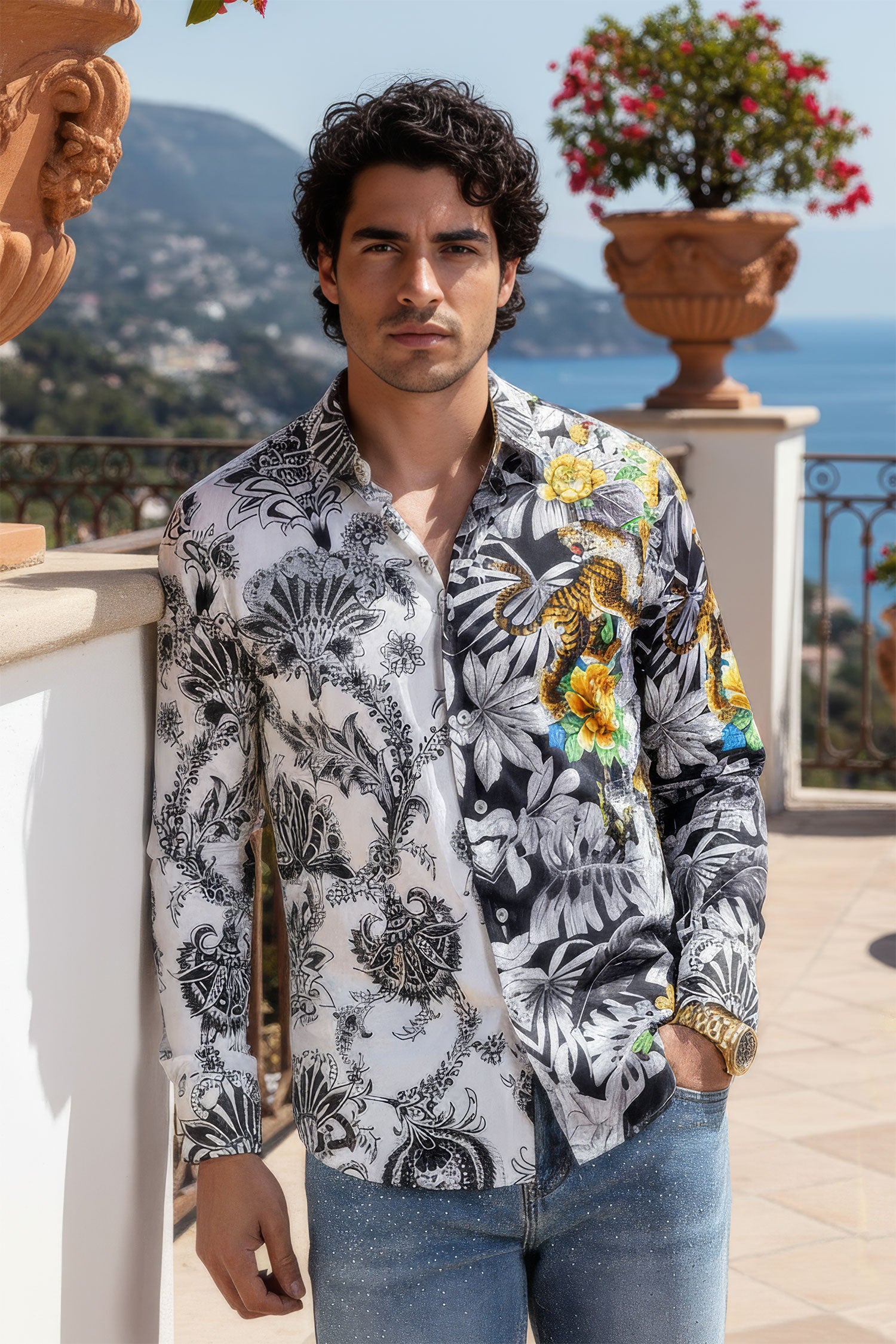 Barabas Men's Rhinestones Floral Dragon Tiger Long Sleeve Shirt 5SPR08 White