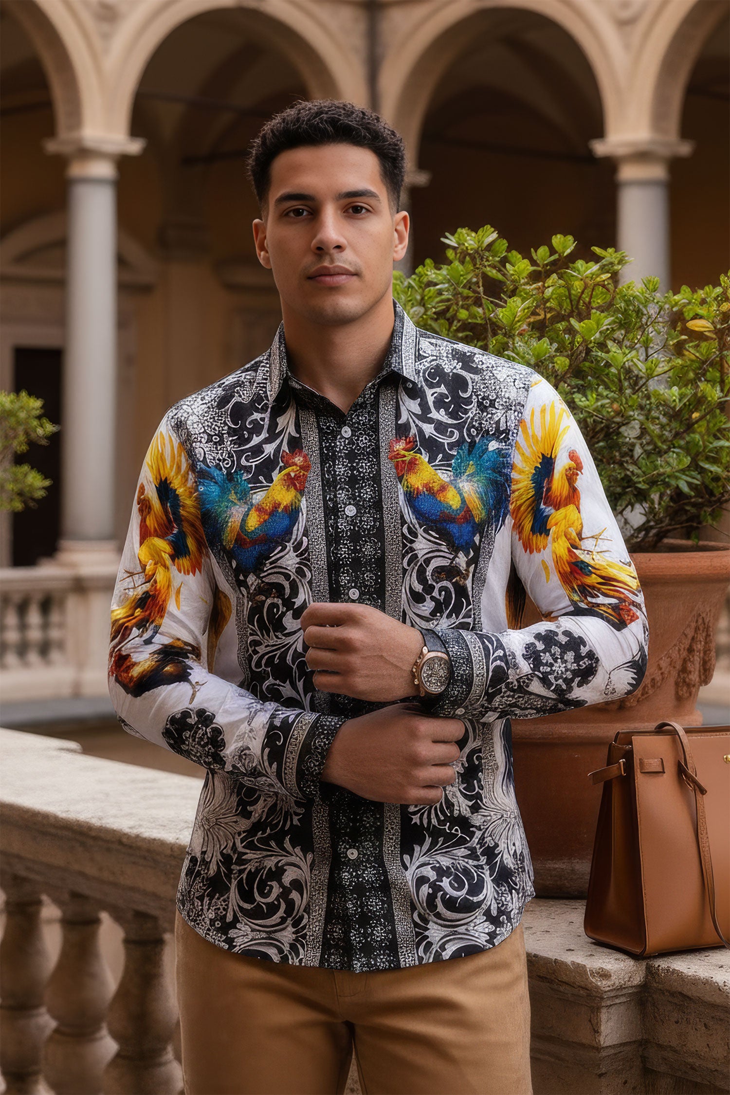 Barabas Men's Rhinestones Animal Print Long Sleeve Shirts 5SPR10 White