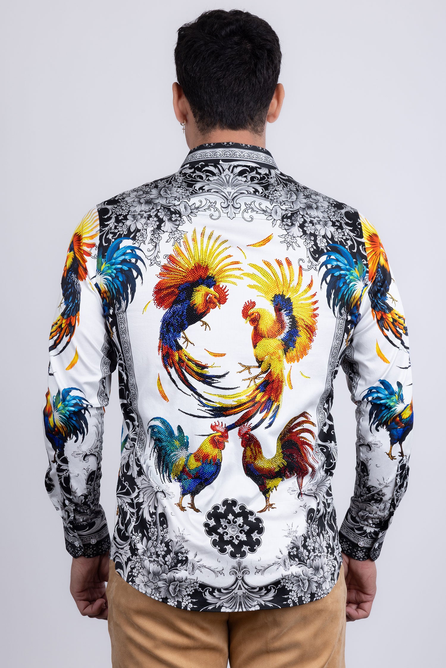 Barabas Men's Rhinestones Animal Print Long Sleeve Shirts 5SPR10 Black White