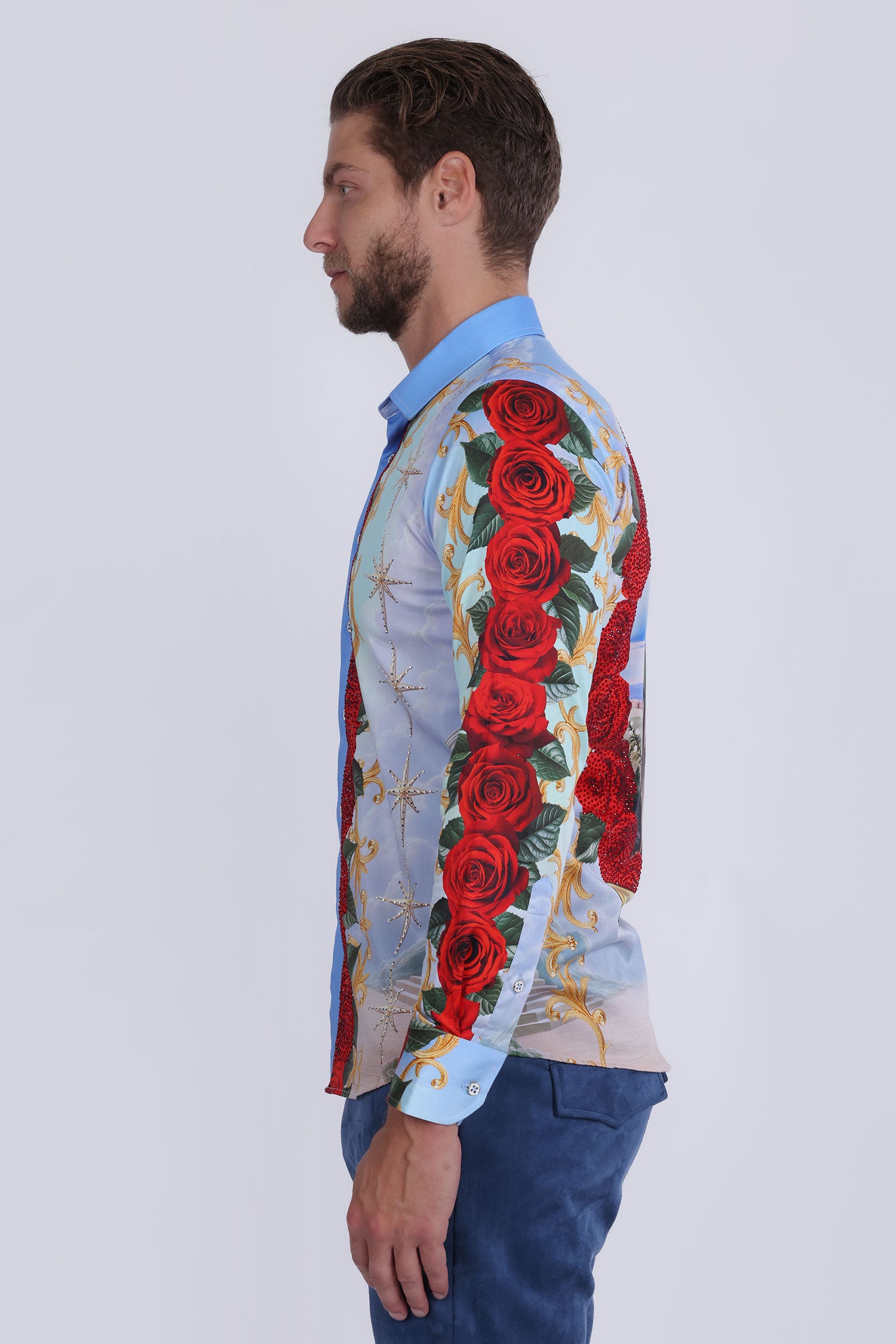 Barabas Men's San Judas Tadeo Rhinestones Floral Baroque Shirt 5SPR11 Red